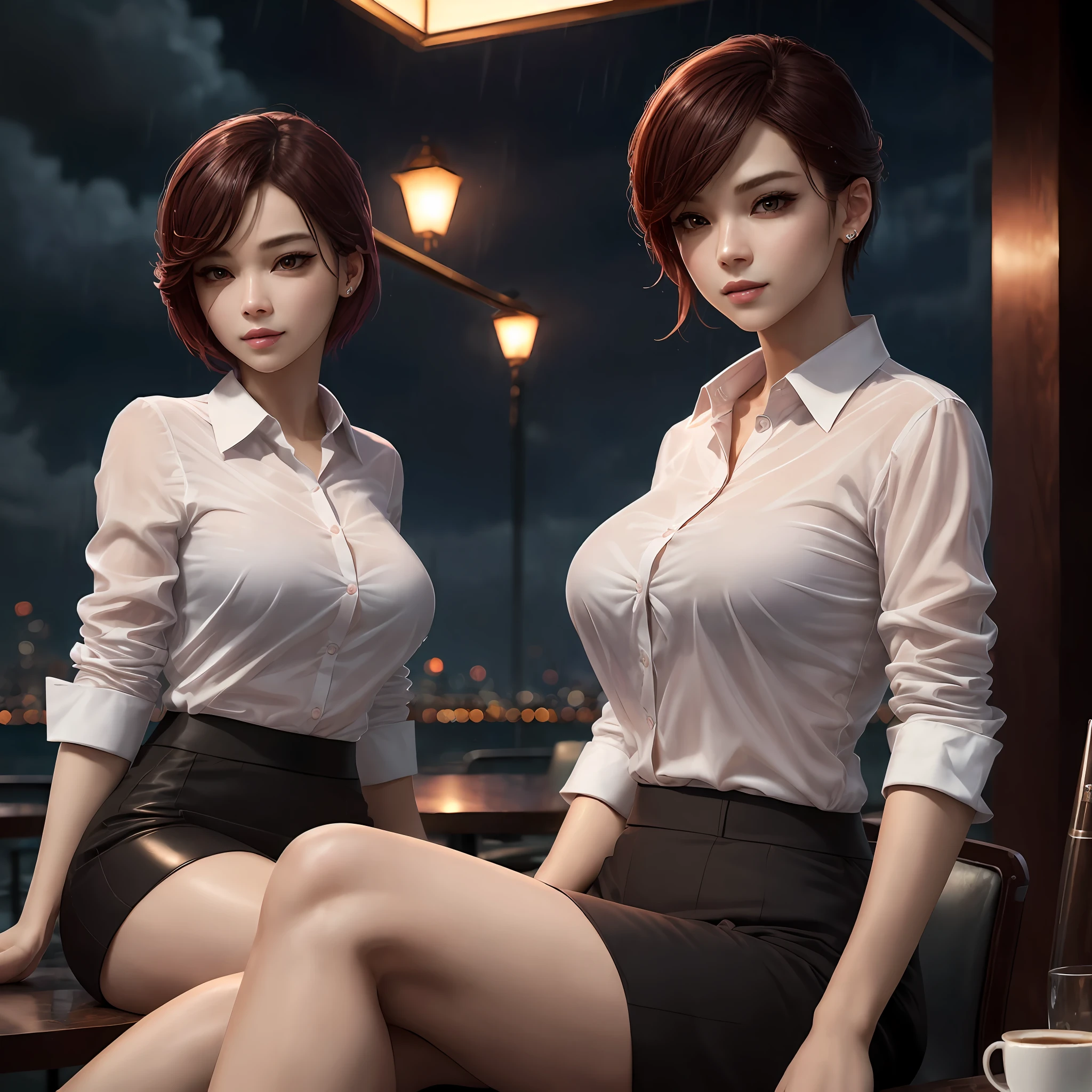 (8k, top quality, masterpiece: 1.2), (realistic, photorealistic: 1.37), AOA jimin, suit, constriction, super detailed, girl single, cute, solo, beautiful detailed sky, Detailed café, night, sitting, date, (blush), (smile: 1.15), (closed mouth) small, fine beautiful eyes, (collared shirt: 1.1), night, wet, office clothes, rain, white lace, ( Shorthair: 1.2), Floating NovaFrogStyle, gigantic saggy breasts --auto