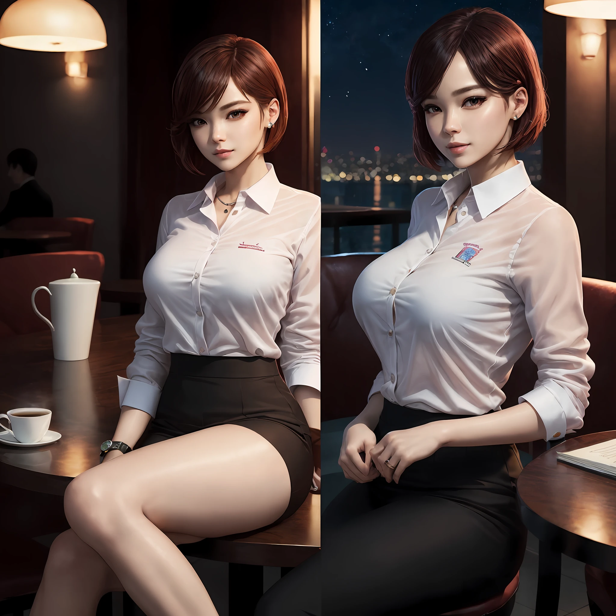 (8k, top quality, masterpiece: 1.2), (realistic, photorealistic: 1.37), AOA jimin, suit, constriction, super detailed, girl single, cute, solo, beautiful detailed sky, Detailed café, night, sitting, date, (blush), (smile: 1.15), (closed mouth) small, fine beautiful eyes, (collared shirt: 1.1), night, wet, office clothes, rain, white lace, ( Shorthair: 1.2), Floating NovaFrogStyle, gigantic saggy breasts --auto