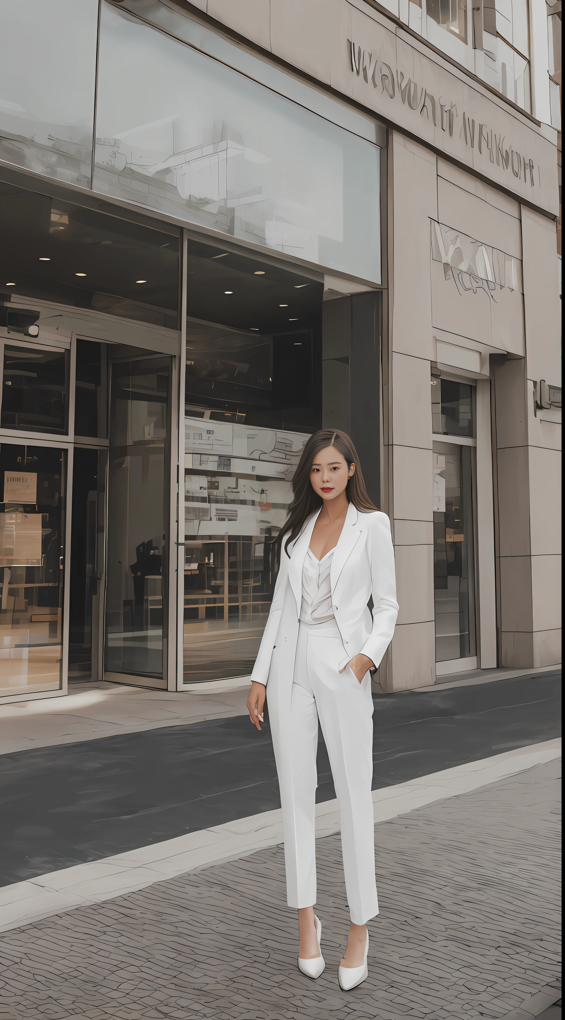 tmasterpiece,best qualtiy,Ultra-clear image quality,A working woman in a white suit,A confident and beautiful woman,Professional woman standing in front of a commercial building --auto