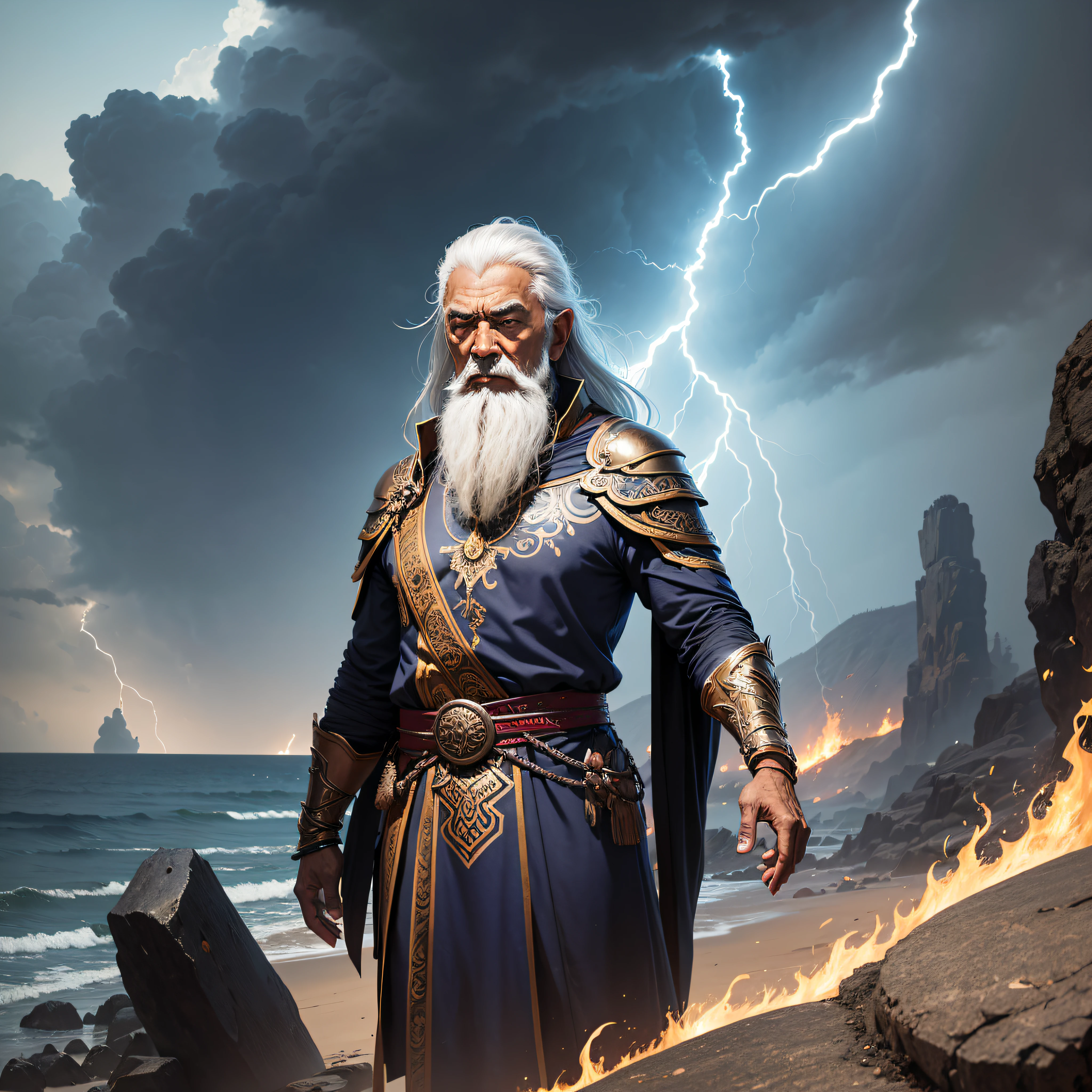 Velho oriental, vicissitudes, pele bronzeada, wise, wise old man, real, vestido, segurando um livro, olhando para frente, para a frente ,Background with lightning thunder clouds --auto