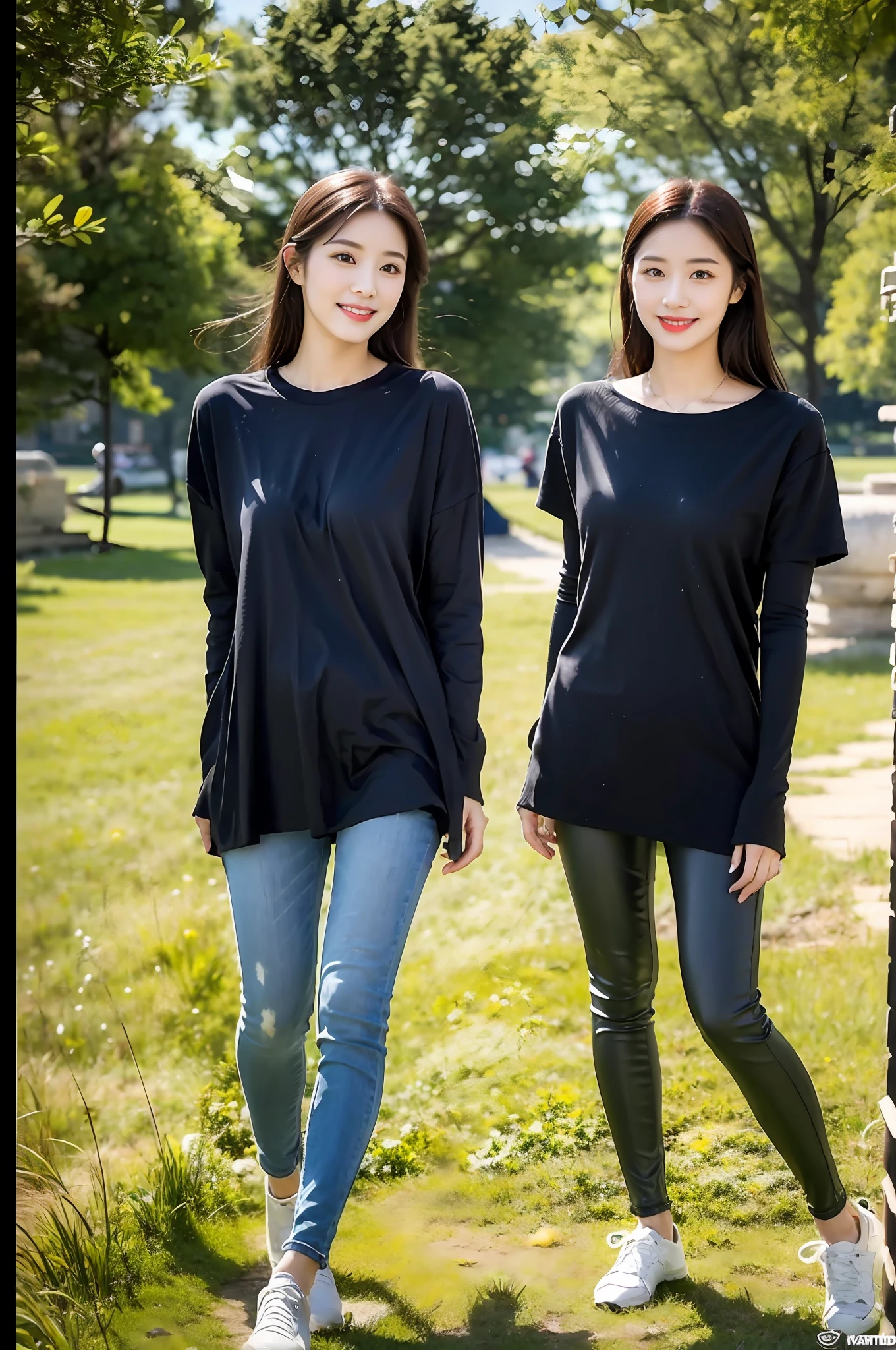 (RAW photogr,超高分辨率,tmasterpiece,best qualtiy:1.4),Complicated details,20 years old Korean girl,Wear a loose black T-shirt and skinny jeans,Stand on the grass and take pictures,Detailed meadow,A sweet smile on a small face,The face and skin are pink and fair,Ultra-realistic facial details,Playful and coquettish pose,The calves are straight and slender:1.5,Wear high-end branded colorful travel shoes:1.5,eventide,warm color,Broad lighting,naturalshadow,taking a full body photo:1.8
