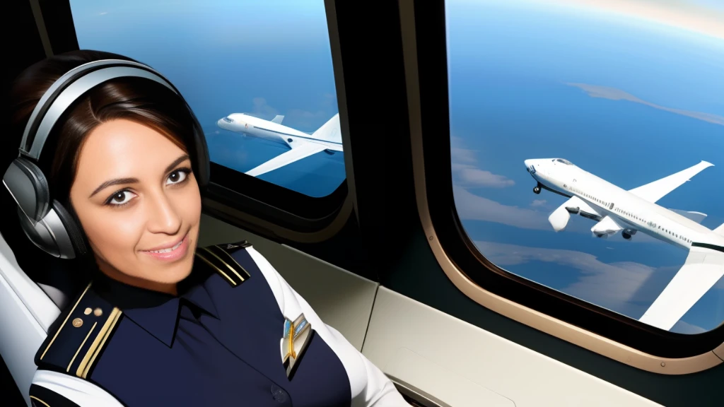 1 mulher bela ,Awesome,cabelos negros, , airplane pilot's uniform, beautiful scenery