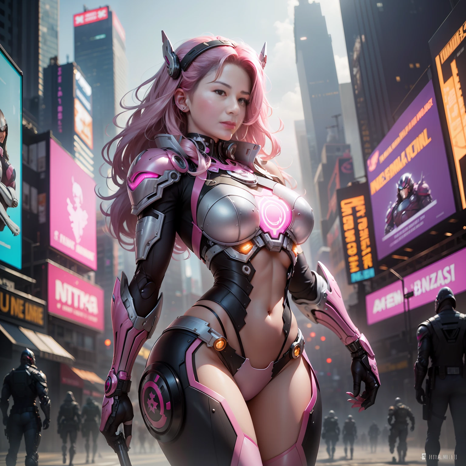 Dia de tempestade, Times Square de Nova Iorque, ((inteira Pink Armor)), (Armadura inteira cor de rosa Grande Hulkbuster Rosa), fantasia, Cyberpunk, (arma,  da arma, rosa ultra brilhante: 1.1), 1girl, mechanical marvel, Presence robotics, cybernetic guardian, desgaste intemperizado, intrincado, mechanical suit (steel [brilhante] metal), elegante, Clear focus, Filmado por Greg Rutkowski, soft lighting, cores vibrantes, master part, ((rua)), beautiful young lady, menina, menina musculongos cabelos brancos, dynamic pose,