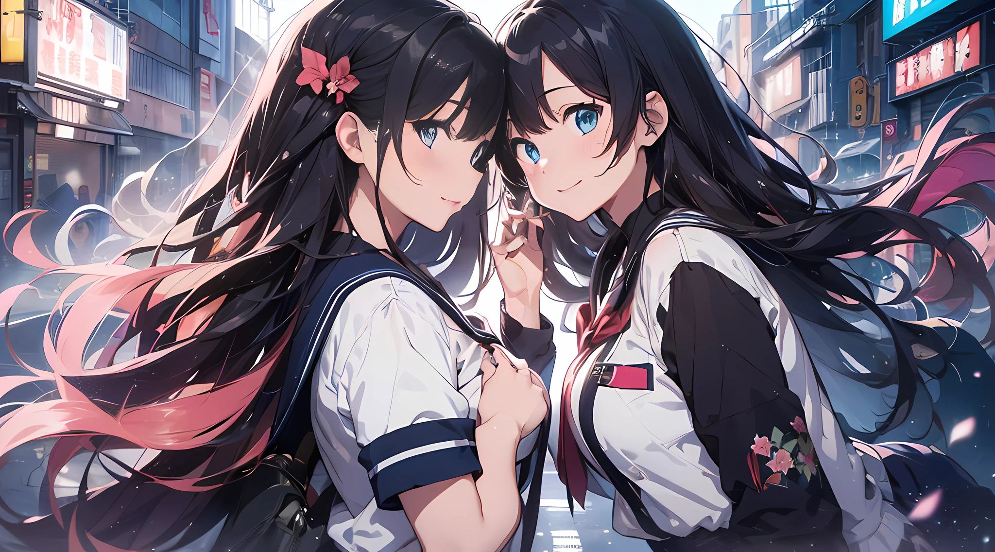 ((Illustration of two high school girls staring each other:1.37)), Yuri illustration, ((head to head:1.37, Put one's heads together)), anime style illustration, high resolution, ultra-detailed, (2girls:1.3), (Dynamic Pose):1.0 Breaks, (((Upper body image:1.37)), ((Detailed blue eyes:1.3)), (bokeh effects), (Dynamic Angle), One very beautiful and attractive anime wife in a gorgeous competitive dance hall, (Japan High School Girl Uniform:1.37), BREAK, (lower girl has a wavy twin-tailed hairstyle with brown hair, medium breasts⁩, slender, blush), (taller girl has black straight hair, big breast, slender, light smile, Happy), Wind, 8 life-size, detailed clothes, Detailed body, detailed arms, Human Hands, Detailed hand, Perfect nose, blush, light smile, Pink lip Gloss, sexy model posing, Floating hair, BREAK, Studio Soft Light, Cinematic Light, Gorgeous dancehall background:1.3, Detailed background, Realistic, Ultra-realistic, masterpiece, 32K ultra-clear images, Japanese anime waifu, Concept art by Kyoto Animation, By Shinkai Makoto,