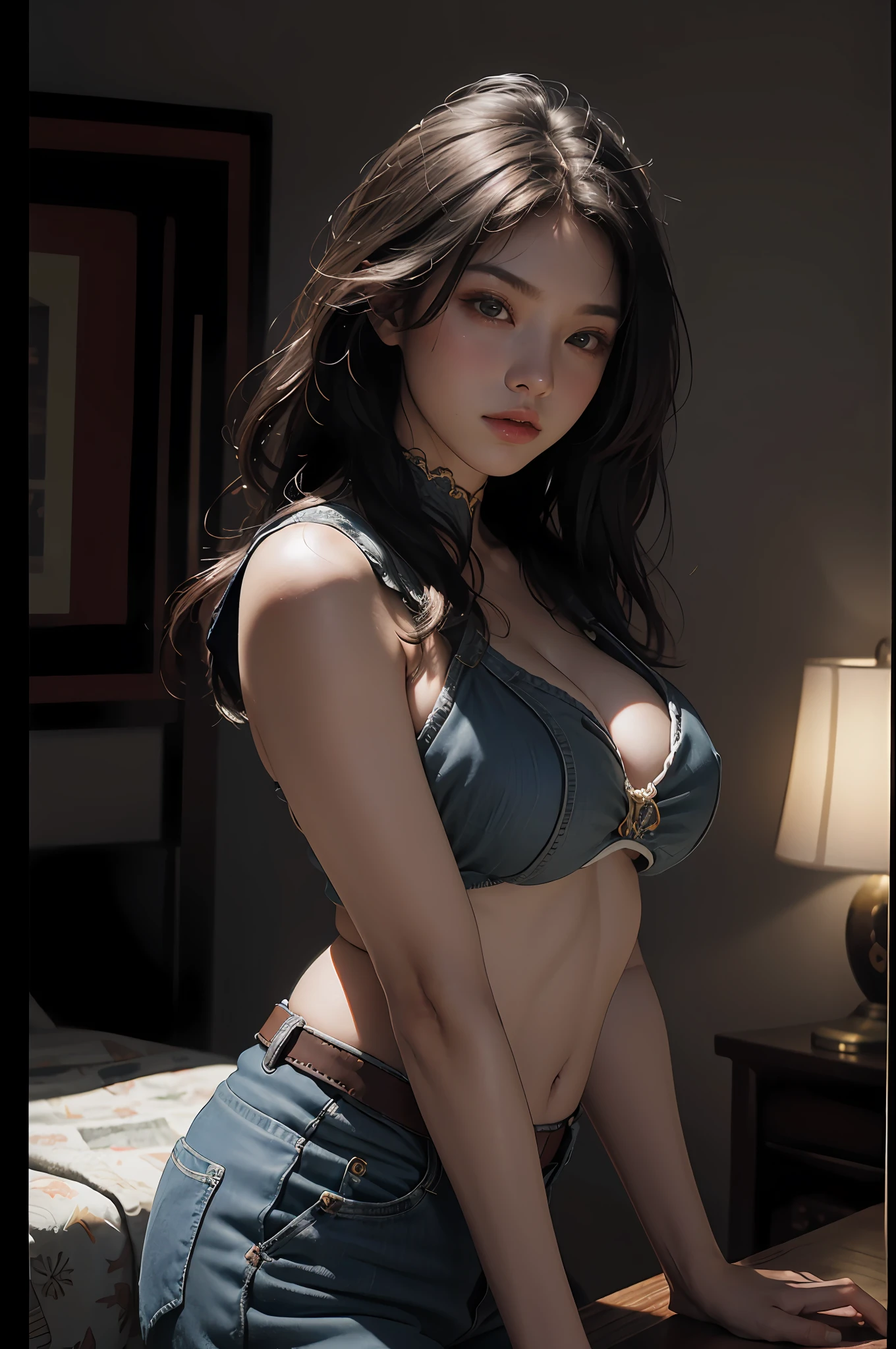 (RAW photos,4K,tmasterpiece,A high resolution,extremly intricate)(realisticlying:1.8),cinematic lighting 1girl, Single focus, Summer noon, thermography, 1990's\(styled\), cowboy lens, inside in room,(Huge breasts3.8),Chinese,Stereotyped