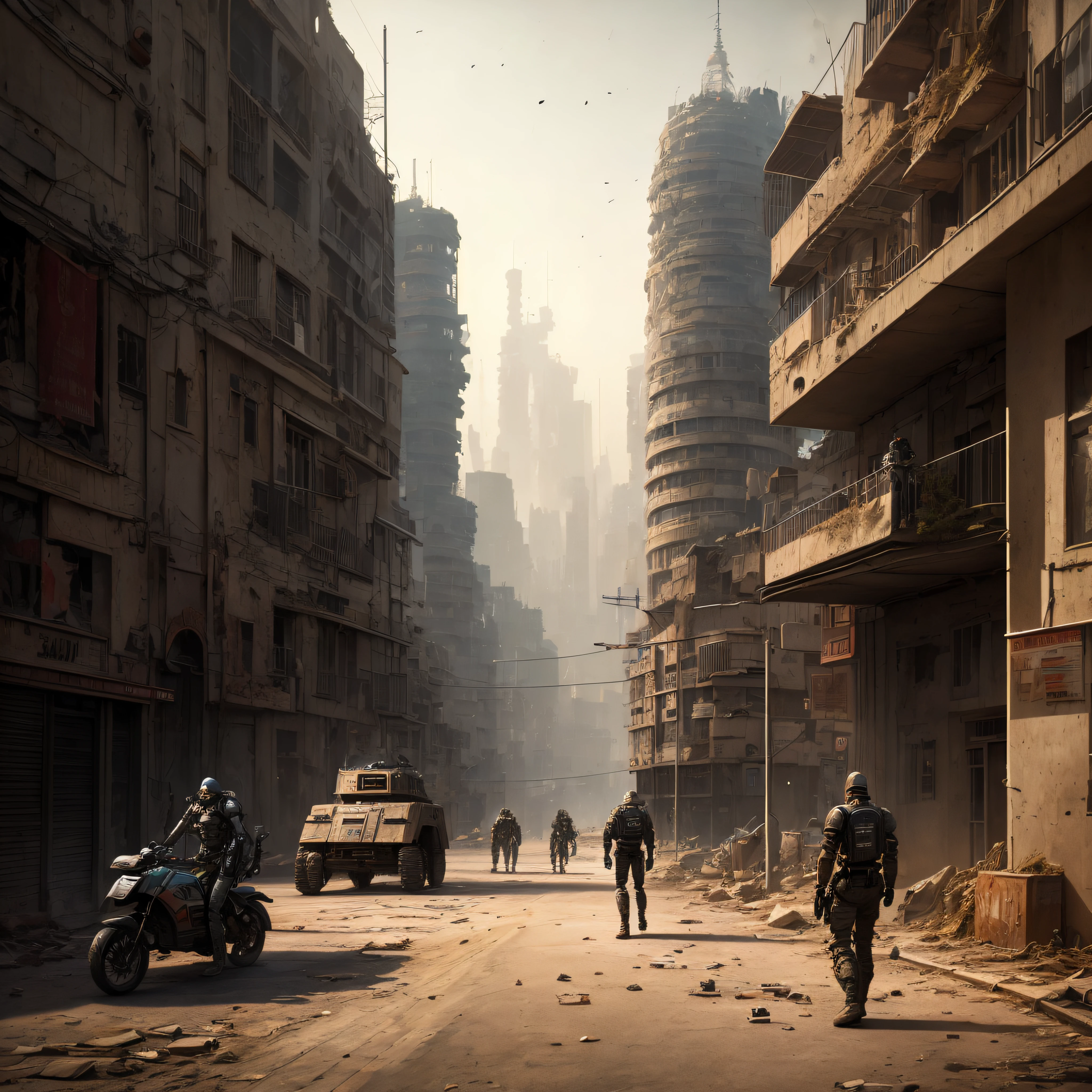 Patrol of humanoid terminators searching humans in a street abandoned with futuristic buildings, atmospheric scene, surpassed by the shadows, urban exploration photography, post-apocalyptic scenario, desert, full of abandoned military vehicles --auto