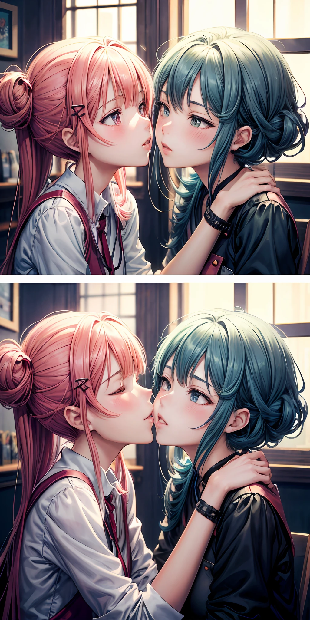 Anime - style illustration of two women kissing in a café, Extremely detailed Artgerm, WLOP and Sakimichan, Range Murata and Artgerm, nixeu and sakimichan, sakimichan and frank franzzeta, Guviz-style artwork, kissing together cutely, 8K high quality detailed art，huge tit，Blush