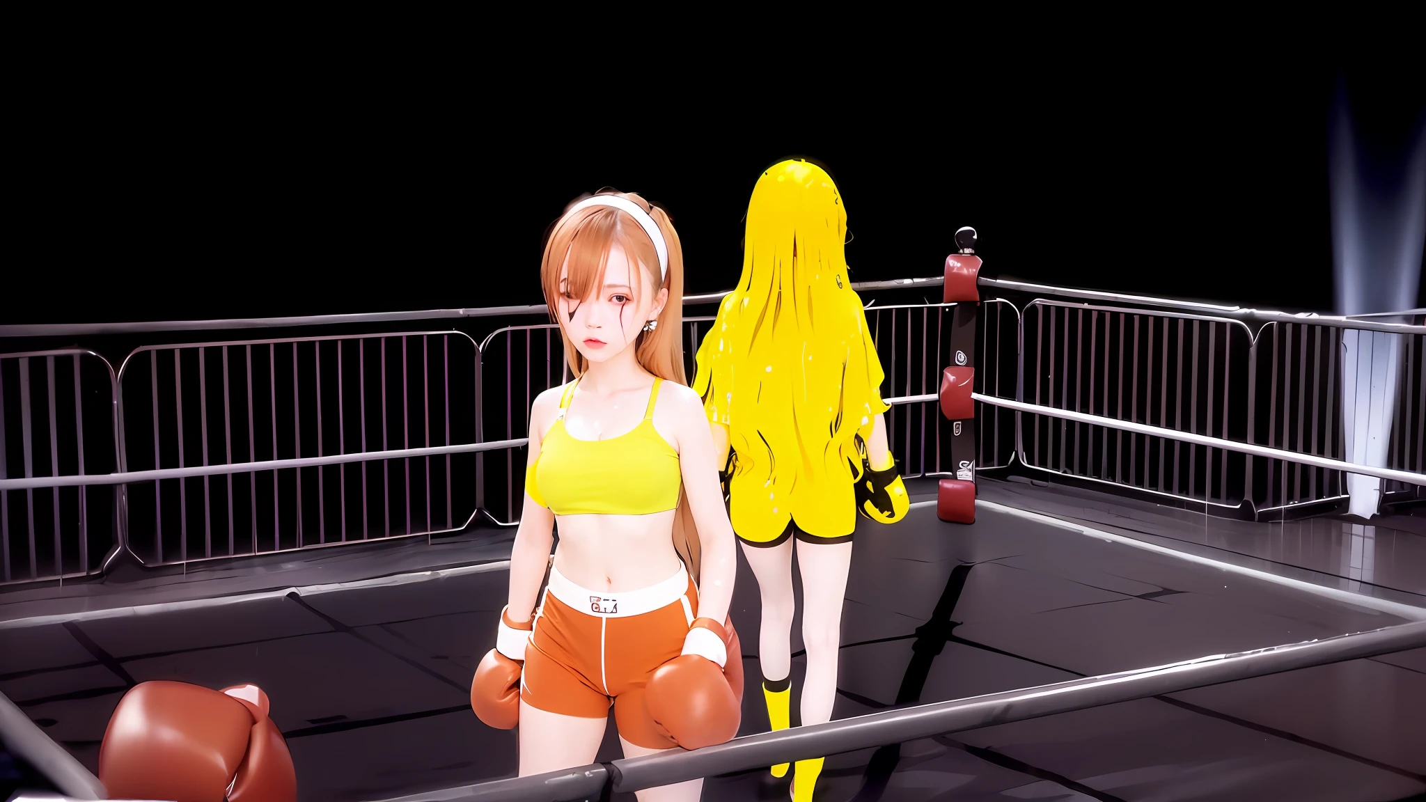 best quality, ultra high res, (photorealistic:1.4), 8k resolution, girl, (brown random hair:1.3), (realistic hair:1.2), (Korean girl:1.2), (realistic eyes:1.2), (beauty face:1.3), perfect body, white pale skin, big breast, cleavage, (eyes looked up:1.3), (wet body and thong:1.2), (boxing)