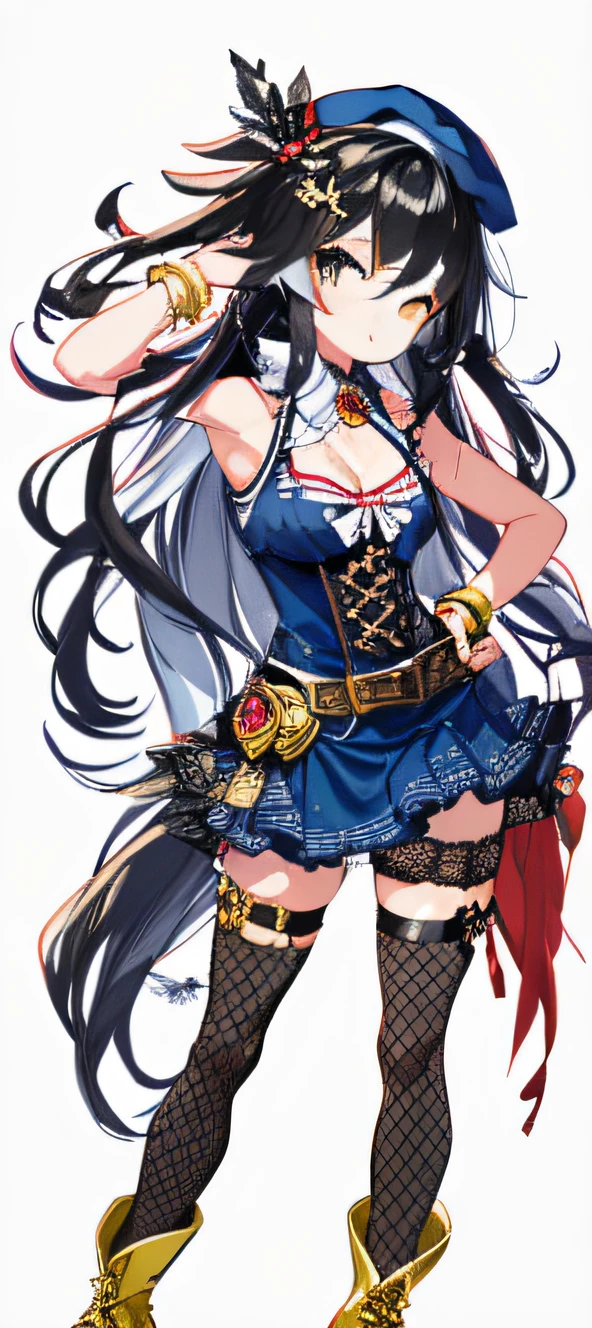 ((Big sister)、Hanging eyes、爆乳、a wet body、perfect bodies、sea side、Top image quality、top-quality、超A high resolution、masterpiece、Little Red Hat、Black hair,Gray gradient hair、cleavage of the breast、Blue Dress、thighs thighs thighs thighs、fishnet tights、Golden boots、Punk Fashion Belt、Sleeveless、length hair、Feather neck warmer、C letter hair ornament、Accessories in the form of cherries on the waist、On the waist7Accessories in the form of、Gold bangles、Pose Seductive,without background、White background、