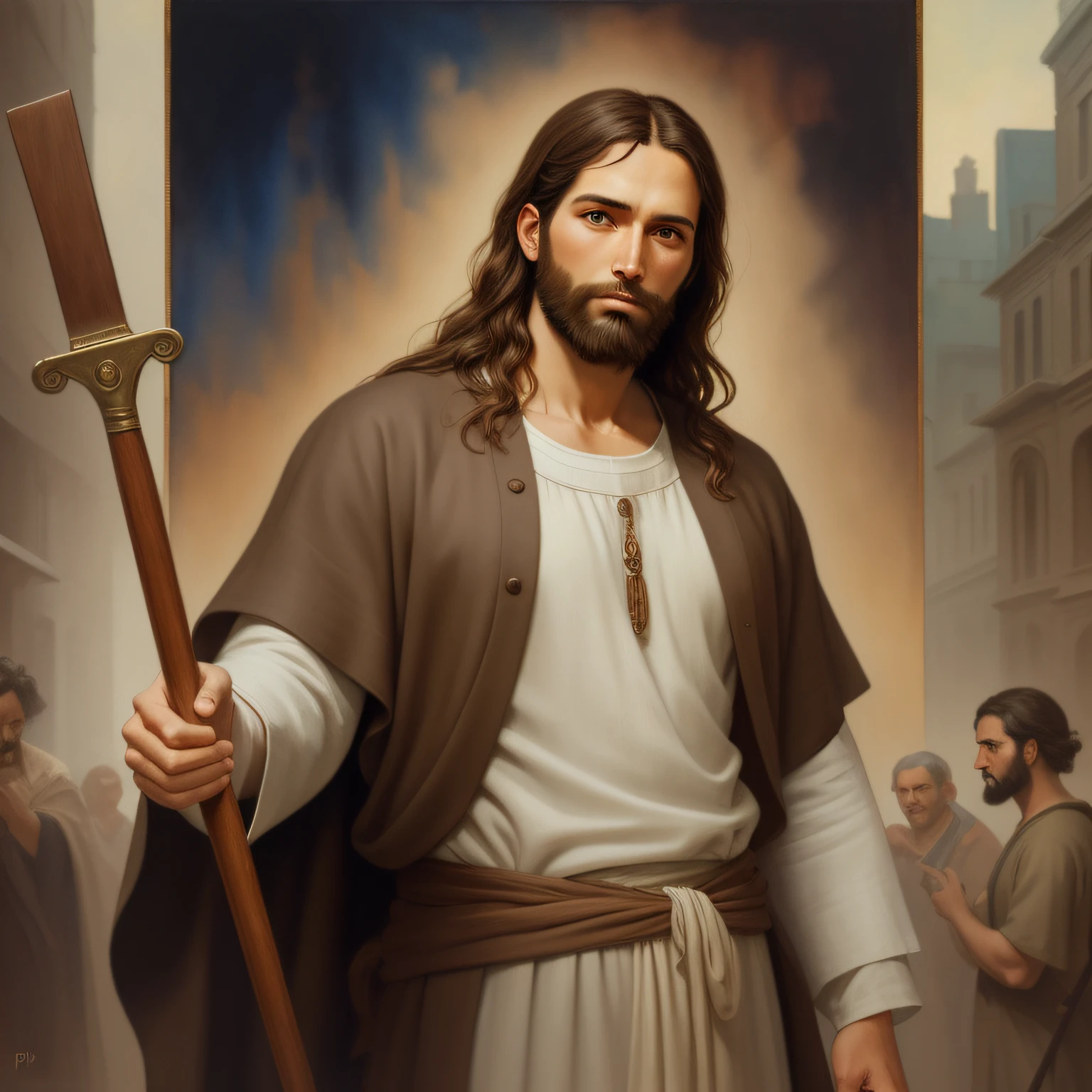 A beautiful ultra-thin realistic portrait of Jesus, the prophet, a man 33 years old Hebrew brunette, short brown hair, long brown beard, with staff in hand, wearing long linen tunic closed on the chest part, in front view, full body, biblical, realistic,by Diego Velázquez,Peter Paul Rubens,Rembrandt,Alex Ross,8k, Concept Art, PhotoRealistic, Realistic, Illustration, Oil Painting, Surrealism, HyperRealistic, brush brushes, Digital art, style, watercolor