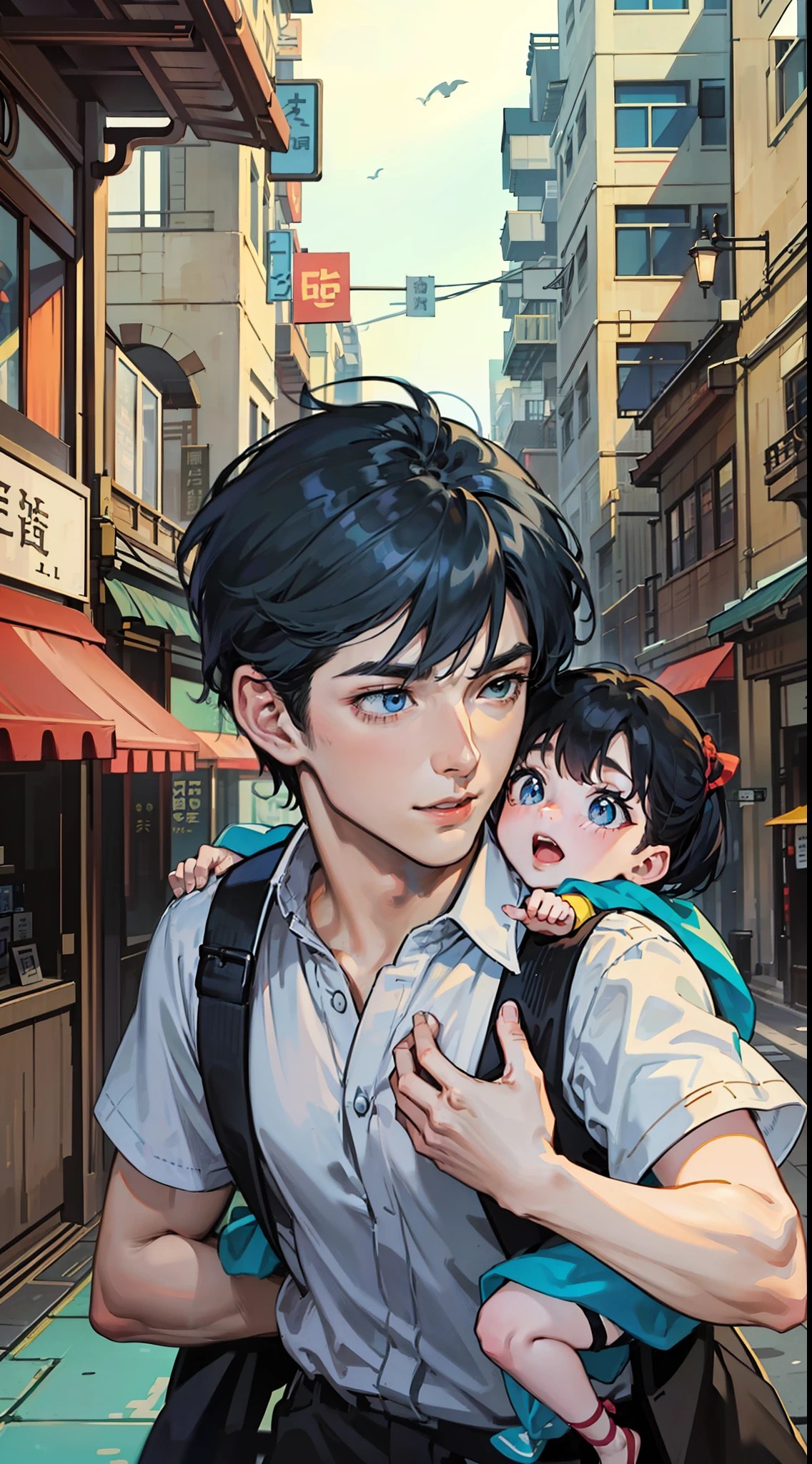 best qualtiy:1.0),(超高分辨率:1.0),Anime man carrying a little ten-year-old girl on his back,with short black hair,blue color eyes,Walk the street,The background is on the street,