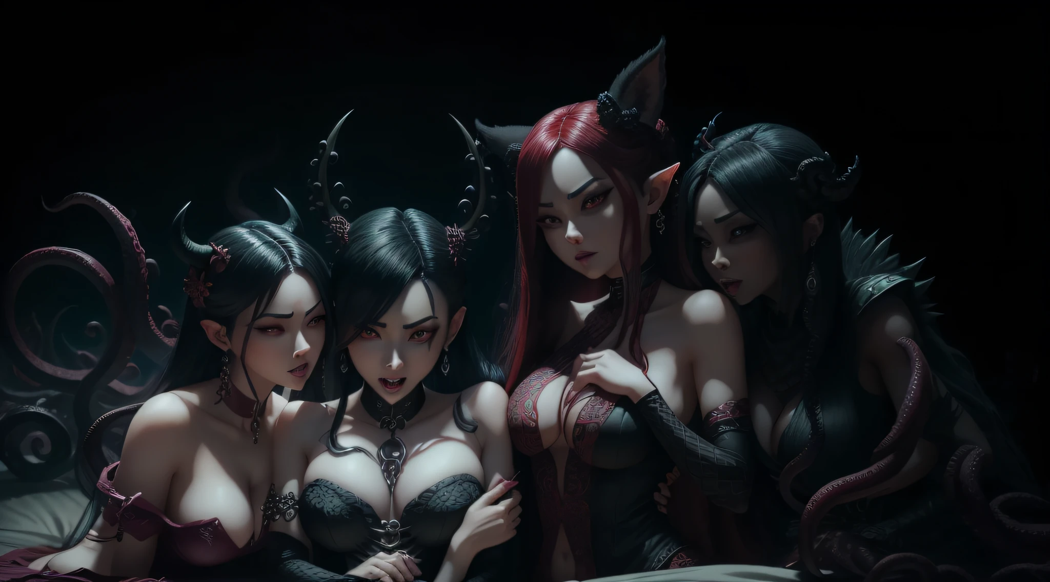 Three eyes, Large ears, poison fangs, sneering,Touch your chest,Hela hairstyle,D罩,Kirin arm,Eight-claw tentacles,Masturbation,onbed,The two women touched each other