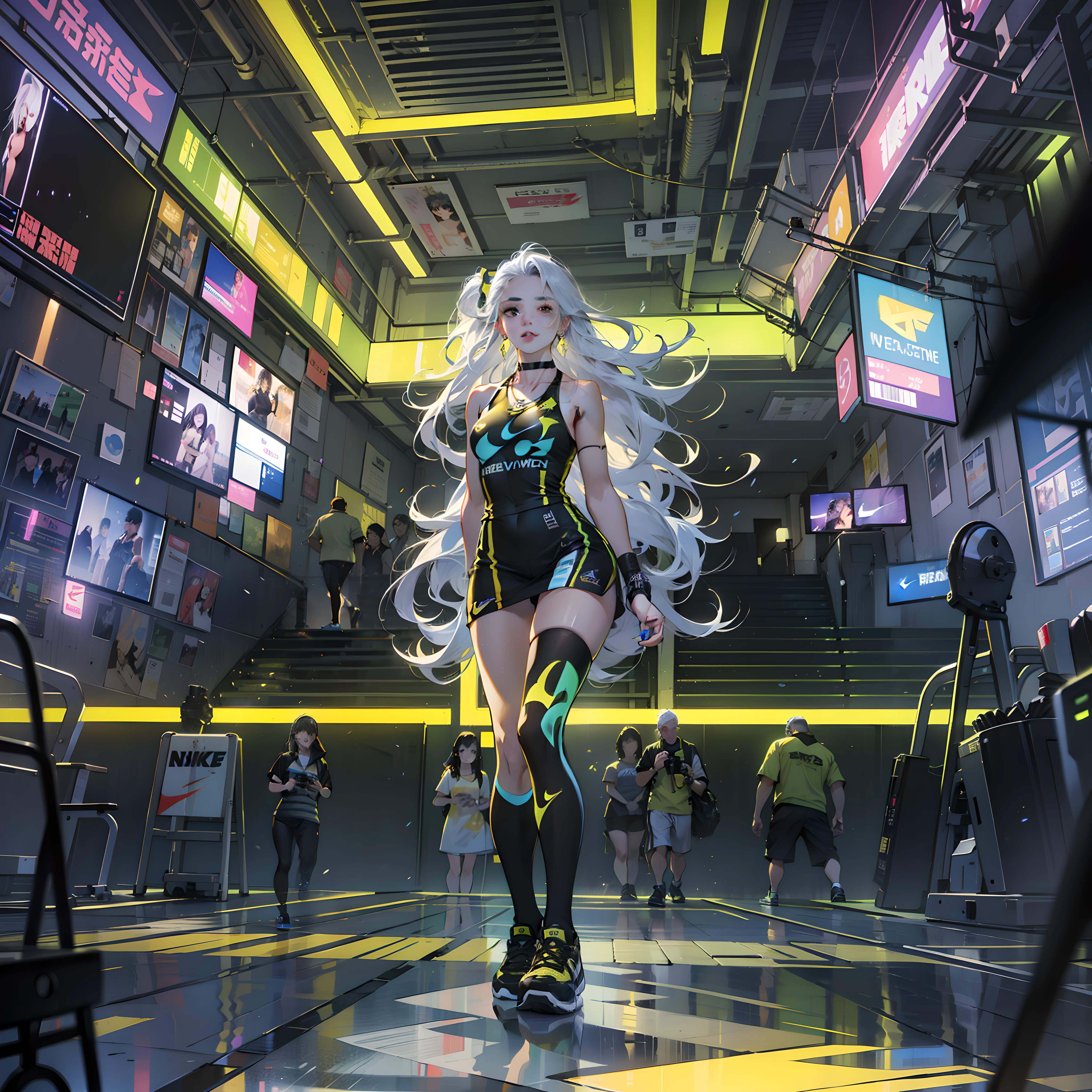 Best quality，tmasterpiece，Ultra-high resolution fills the picture，Indoor at night，the night,Indoor neon lights，Yellow color scheme，Rich egg yellow,Silvery-white hair，Yellow and black tights，Yellow and black color scheme clothing,Sporty skirts，the complex background，Gym interior background,Weight instruments in the background，High-tech screen in the background，Lateral face，Smiling，Dress less，There are fitness elements in the rear，nike，nike,nike,Tech gym，Perfect makeup，Love eyes，8K quality，Cyberpunk，sense of science and technology，Character backlighting，rim-light，Movement changes，Flowing hairstyle，Loose hairstyle,The number of fingers is refined，Full body in camera,9 doppelganger diagram，Luminous stud earrings，Luminous digital necklace，Electronic digital watches，The most beautiful girl in mankind，Delicate close-up of the face，Realistic image quality，Super light and shadow，Very good figure，Meticulous，Arrow symbol，Brand sense，English slogan neon，Runway lights，Fitness gym at night，Very good figure，Raised sexy,luminous,Faraway view,Full body in camera