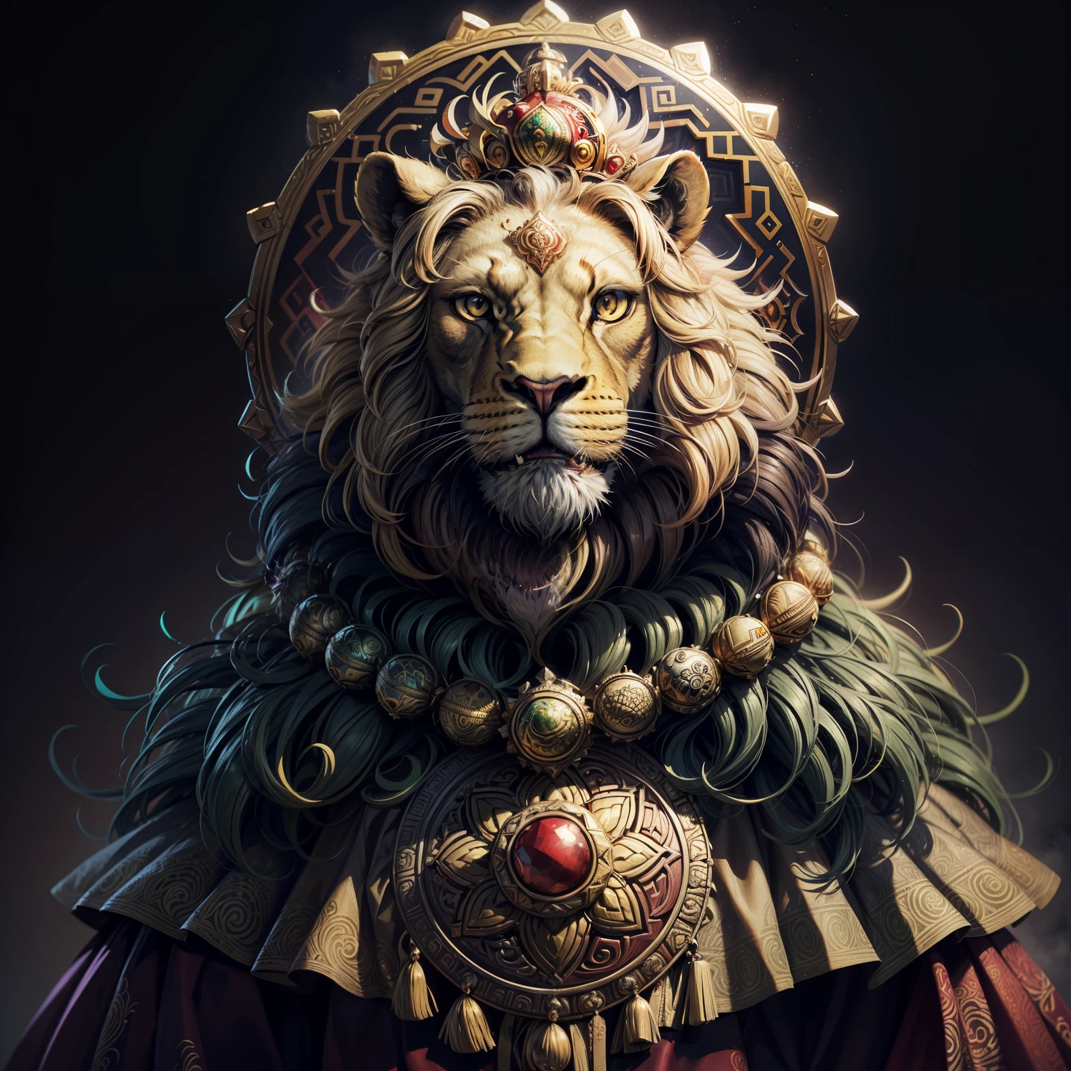 create a lion of reggae with a detailed background which mix sacred geometry, colors red green and yellow, very high quality, lion is centralized you have lights all over it --auto
