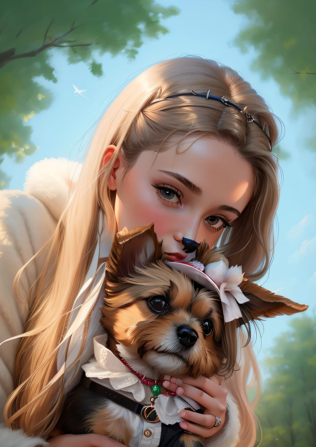 A woman holds a small dog in her arms, Dog in clothes and with a cute hairpin on his head, The girl has one hairpin in her hair, by Emma Andijewska, by Anna Haifisch, aleksandra waliszewska, Holds a Yorkshire Terrier in his arms, eva elfie, Angelina Stroganova, with dogs, dasha taran, by Zofia Stryjenska, anna nikonova, Eva Frankmore, Selfie dog