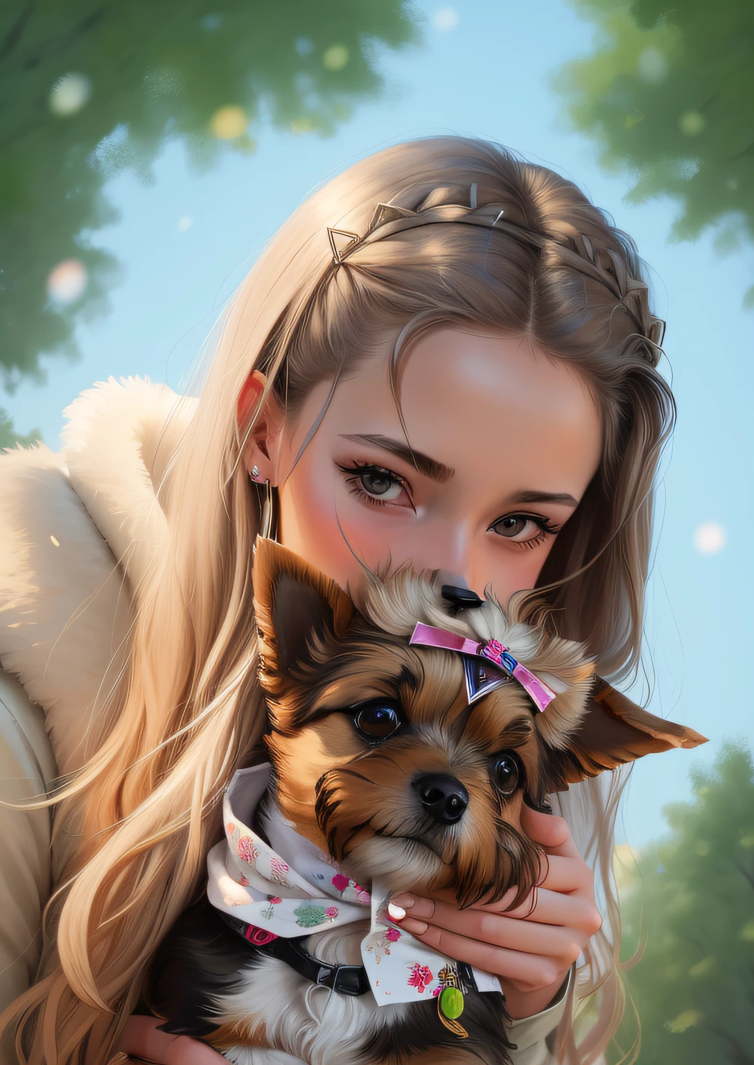 A woman holds a small dog in her arms, Dog in clothes and with a cute hairpin on his head, The girl has one hairpin in her hair, by Emma Andijewska, by Anna Haifisch, aleksandra waliszewska, Holds a Yorkshire Terrier in his arms, eva elfie, Angelina Stroganova, with dogs, dasha taran, by Zofia Stryjenska, anna nikonova, Eva Frankmore, Selfie dog
