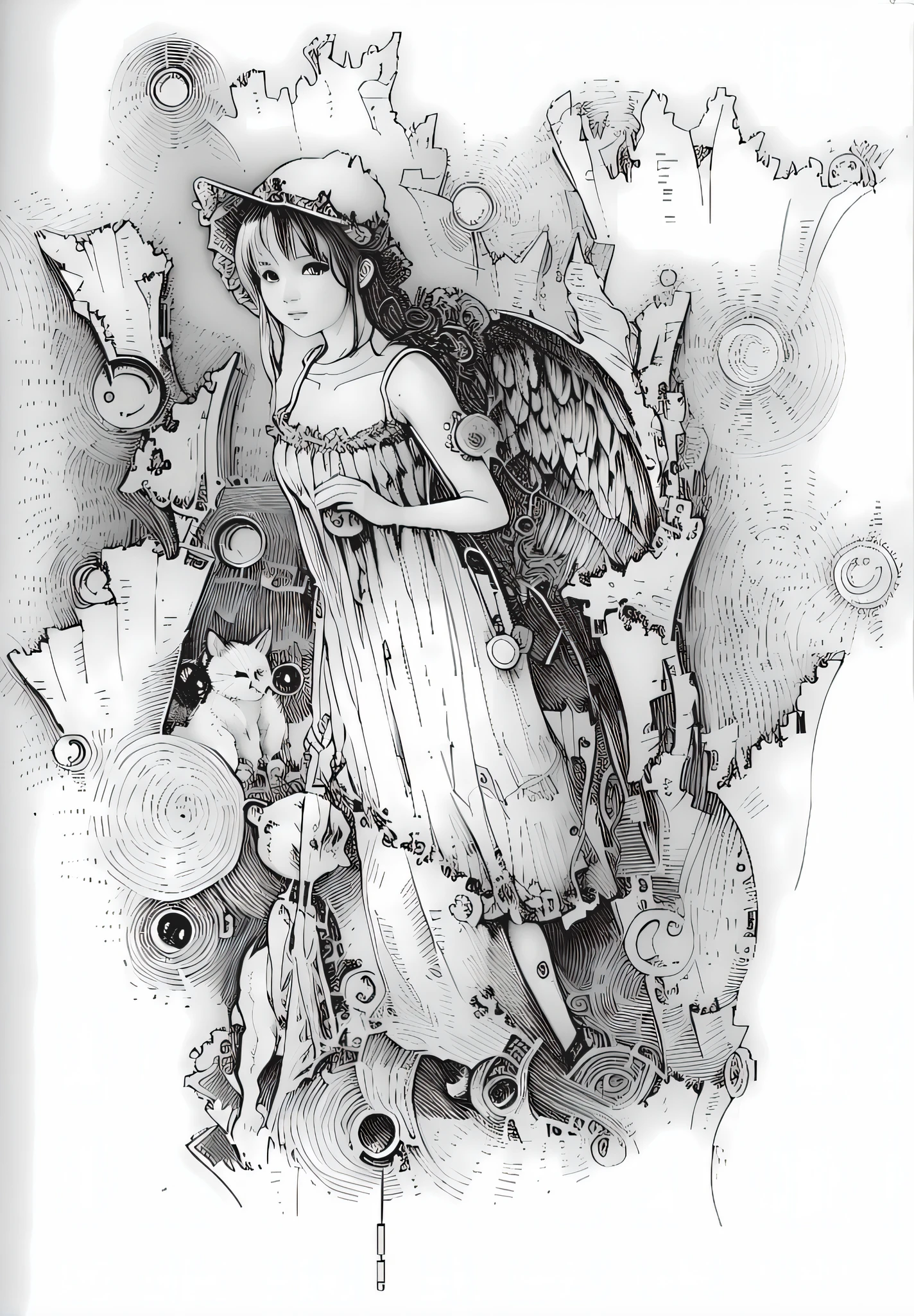 Draw a woman with a bird and a bird on her shoulder, intricate manga drawing, steampunk angel, pencil and ink manga drawing, Detailed fantasy illustration, mechanical angel, inspired by Yoshitaka Amano, detailed book illustration, intricate detailed illustration, detailed intricate illustration, Official illustration, clean ink detailed line drawing, black and white detailed sketch