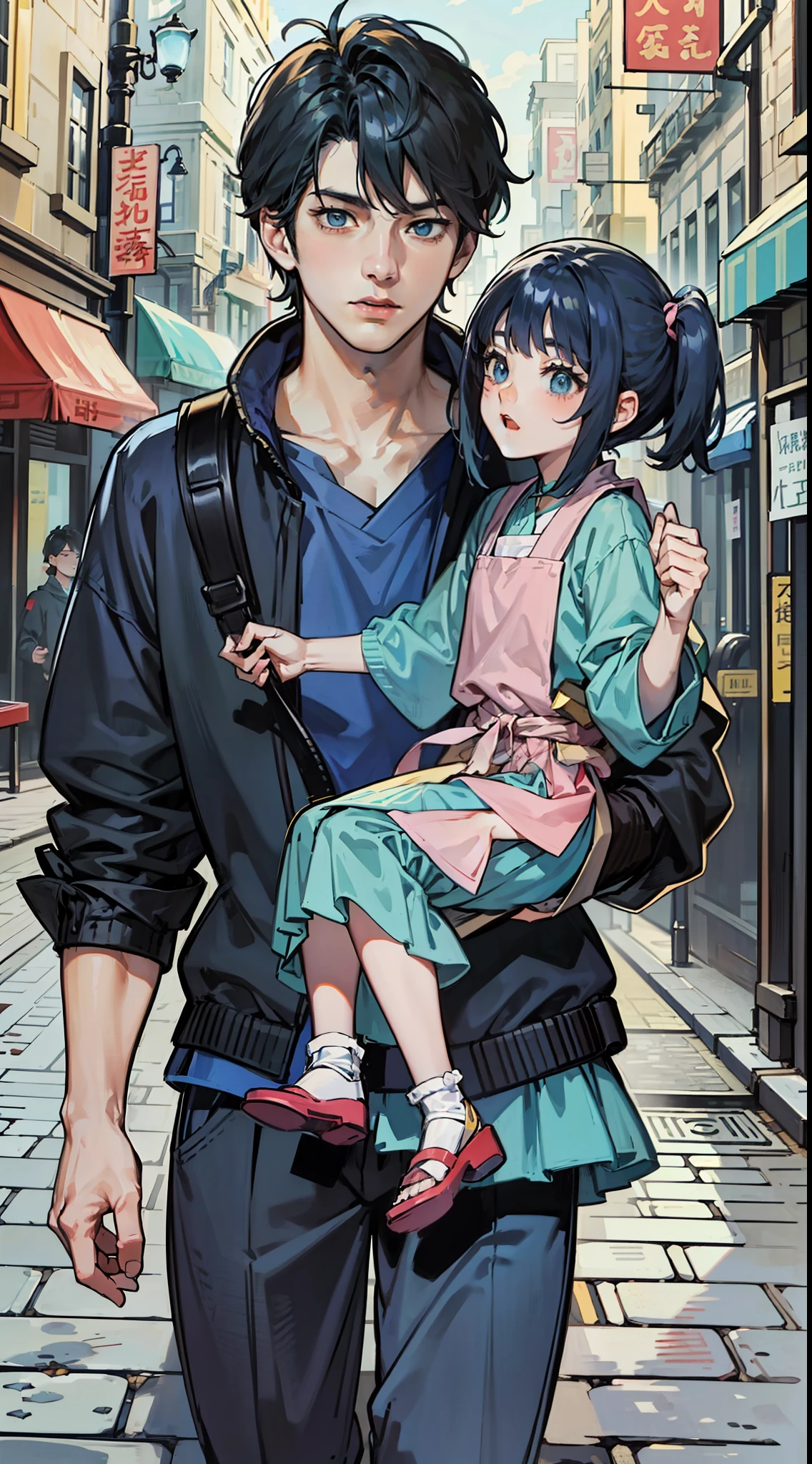 best qualtiy：1.0），（超高分辨率：1.0），The anime man carries a ten-year-old girl on his back，with short black hair，blue color eyes，Walk the street，The background is on the street，