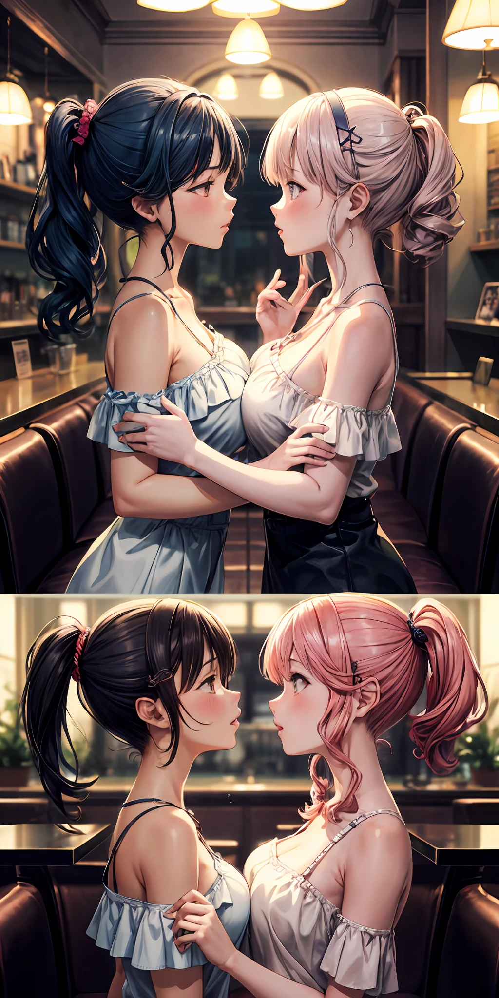 Anime - style illustration of two women kissing in a café, Extremely detailed Artgerm, WLOP and Sakimichan, Range Murata and Artgerm, nixeu and sakimichan, sakimichan and frank franzzeta, Guviz-style artwork, kissing together cutely, 8K high quality detailed art，huge tit，Blush