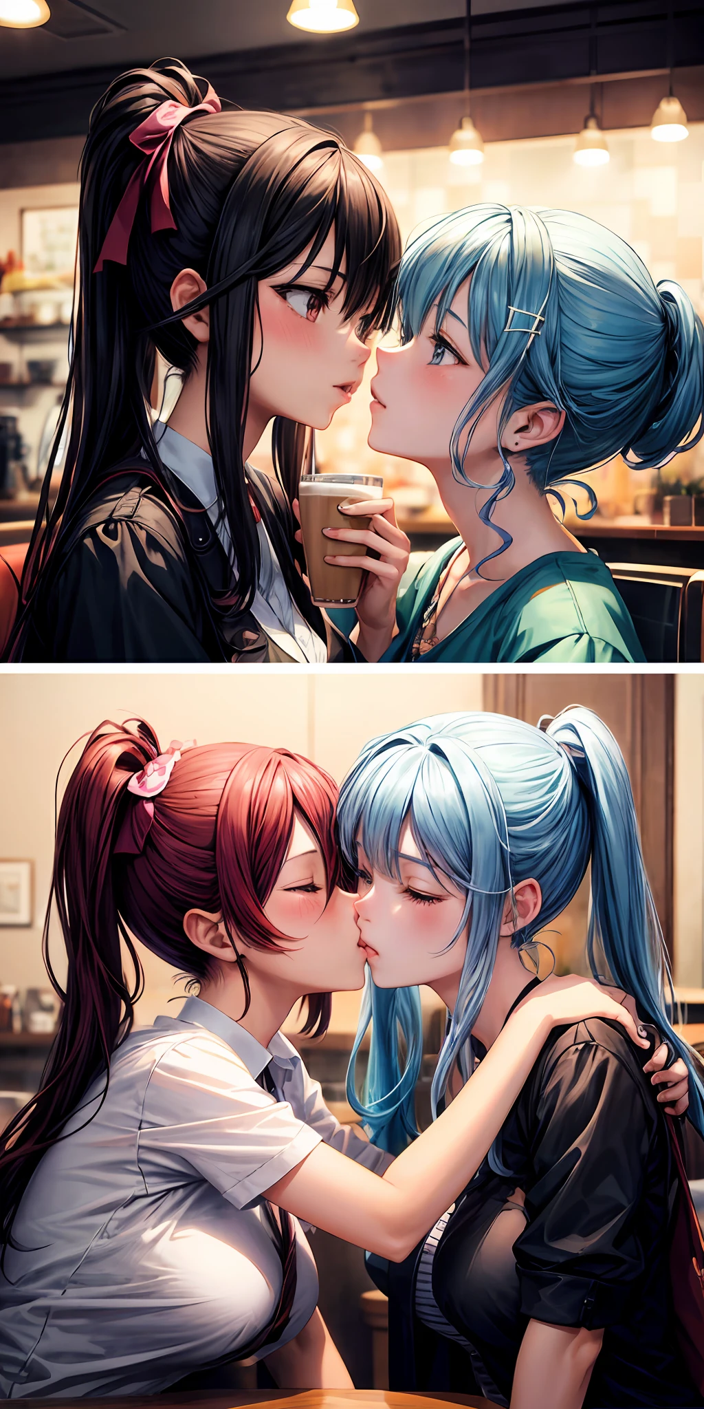 Anime - style illustration of two women kissing in a café, Extremely detailed Artgerm, WLOP and Sakimichan, Range Murata and Artgerm, nixeu and sakimichan, sakimichan and frank franzzeta, Guviz-style artwork, kissing together cutely, 8K high quality detailed art，huge tit，Blush
