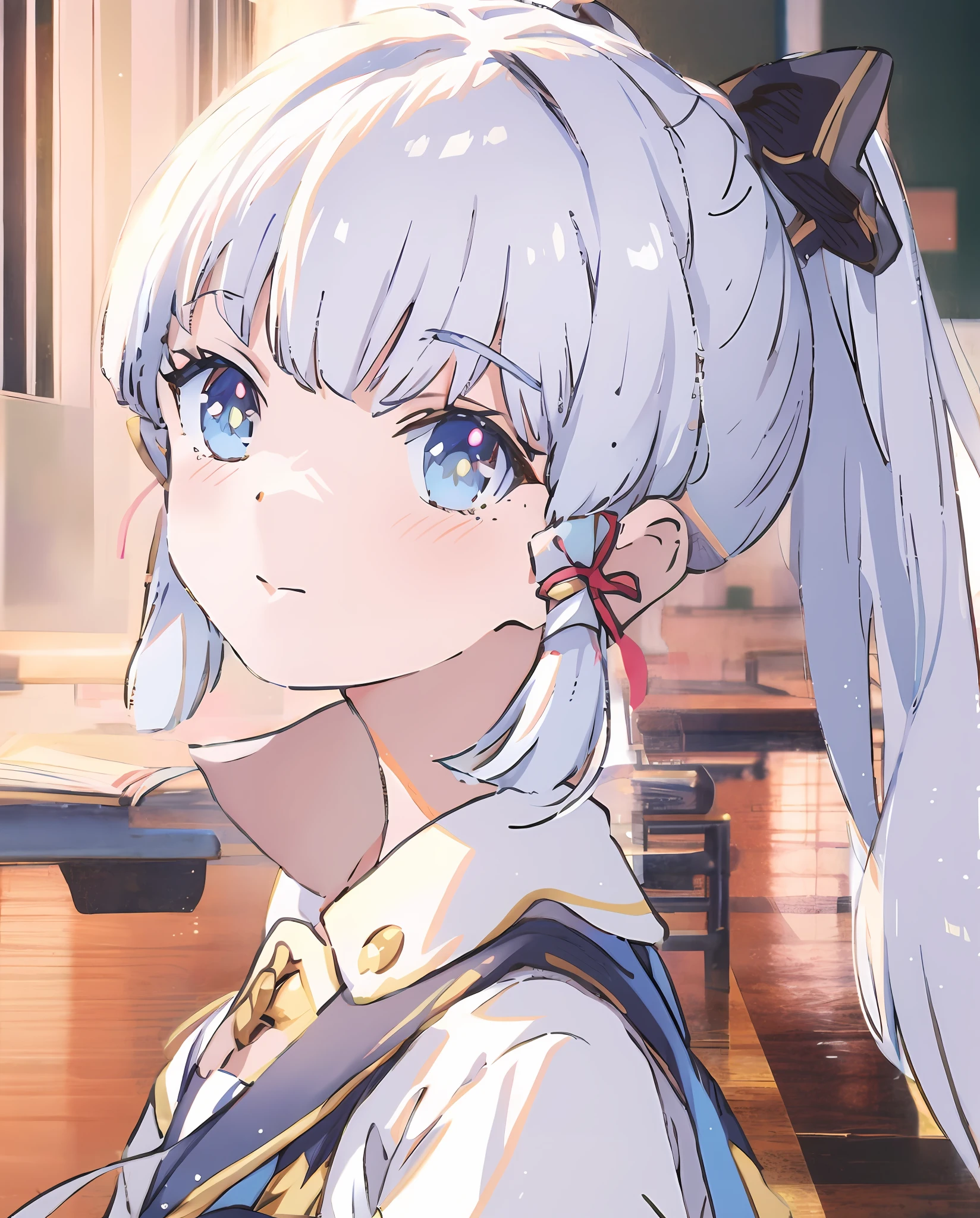 tmasterpiece，Highest image quality，There are anime girls with white hair and blue eyes in the classroom, style of anime4 K, Anime style. 8K, Anime moe art style, Digital anime illustration, portrait anime space cadet girl, Anime style portrait, anime styled digital art, High quality anime art style, Anime art style, detailed portrait of an anime girl, Detailed digital anime art, anime visual of a cute girl