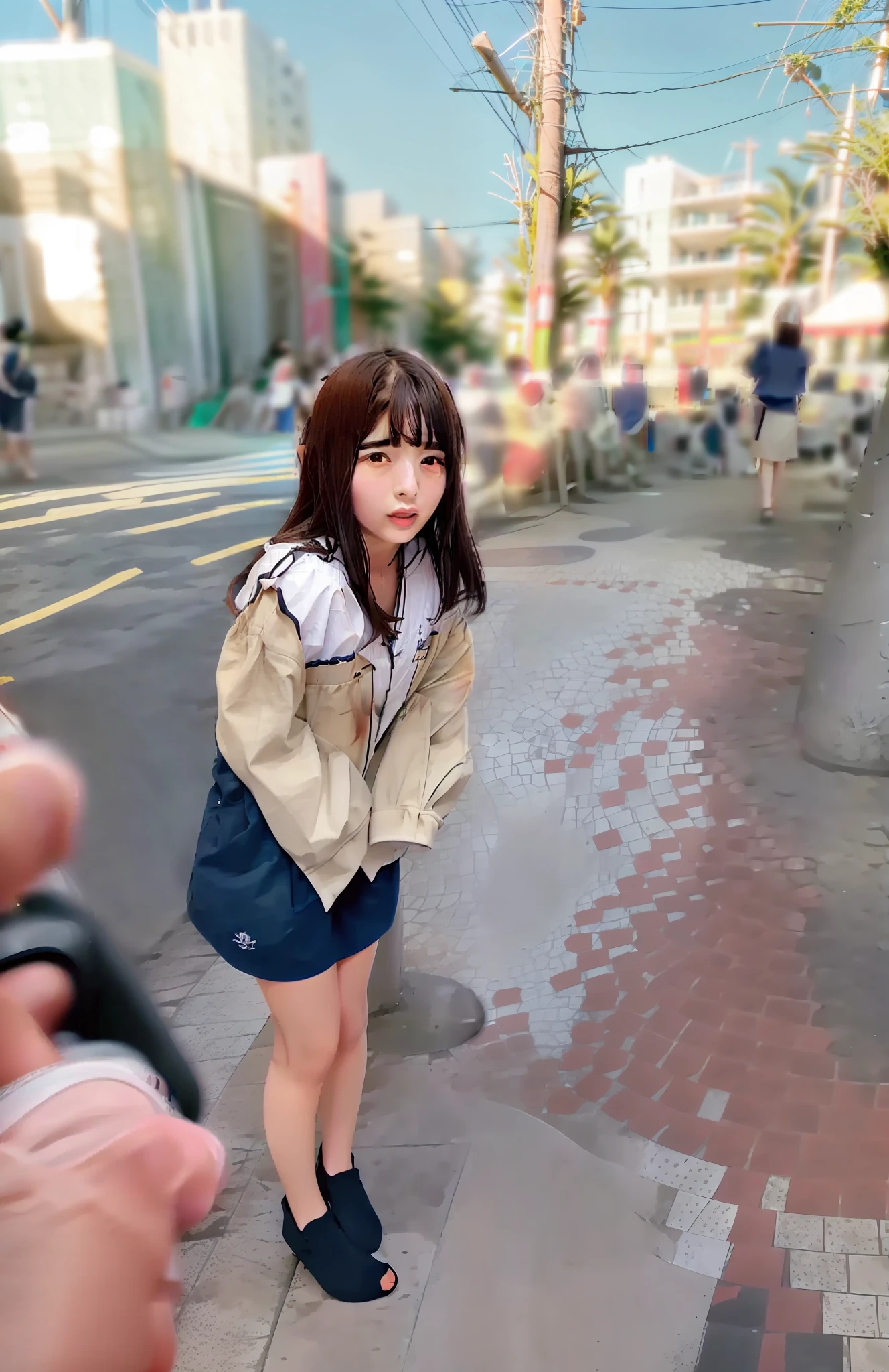 Woman in sailor suit holding blue bag on the beach，beachside，，Wear an uncomfortable school uniform，Kantai series style，sailor uniformm，Girls in uniform，Sakimichan HDRI，in school uniform，JK school uniform