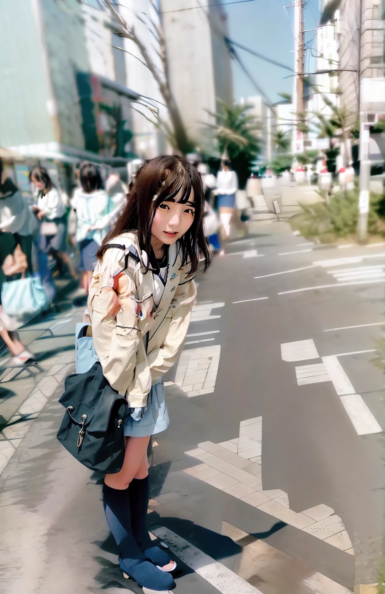 Woman in sailor suit holding blue bag on the beach，beachside，，Wear an uncomfortable school uniform，Kantai series style，sailor uniformm，Girls in uniform，Sakimichan HDRI，in school uniform，JK school uniform
