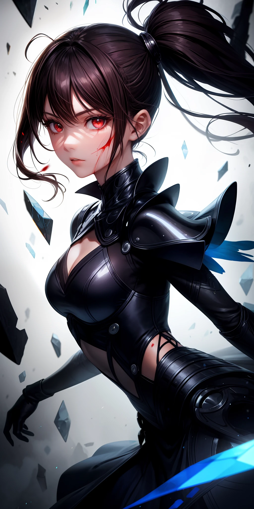 (masterpiece:1.2, best quality), (delicate eyes: 1.2), (detailed background, dark fantasy), (pretty detail face), high contrast, (best illumination, extremely delicate beauty), (cinematic light )), colorful, hyper-detailed, dramatic light, complex detail, (1 girl, solo, brunette hair, sharp face, low double ponytail, red eyes, Hair between the eyes, dynamic angle), (blood splash: 1.4), rotating black light around the figure, depth of field, black light particles, (broken glass), magic array,