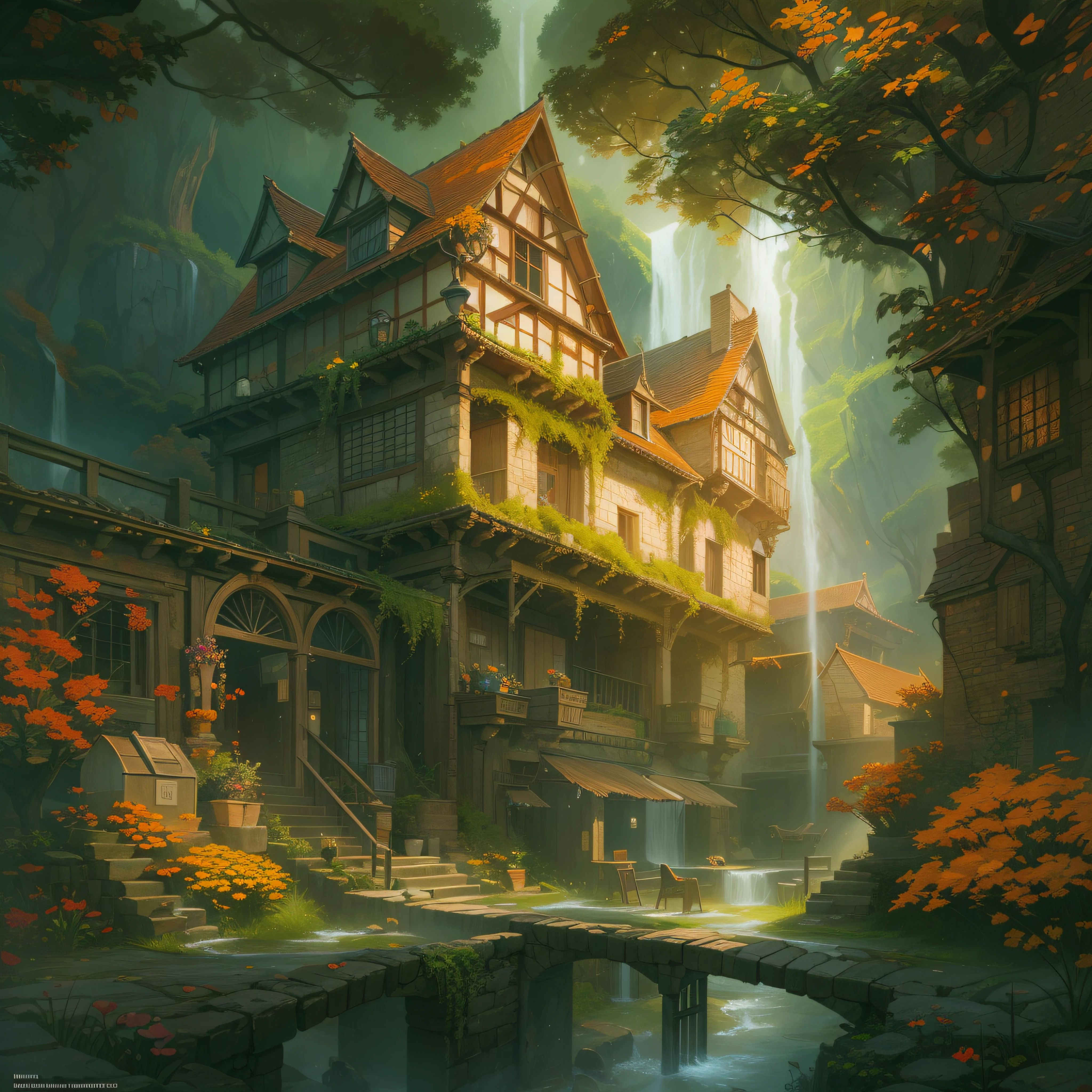 a medieval human home, ornate, beautiful, atmosphere, vibe, mist, smoke, chimney, rain, well, wet, pristine, puddles, waterfall, clear stream, bridge, orange, green, stained glass, forest, flowers, concept art illustration, color page, 4 k, tone mapping, doll, akihiko yoshida, james jean, andrei riabovitchev, marc simonetti, yoshitaka amano, digital illustration, greg rutowski, volumetric lighting, sunbeams, particles, rembrandt