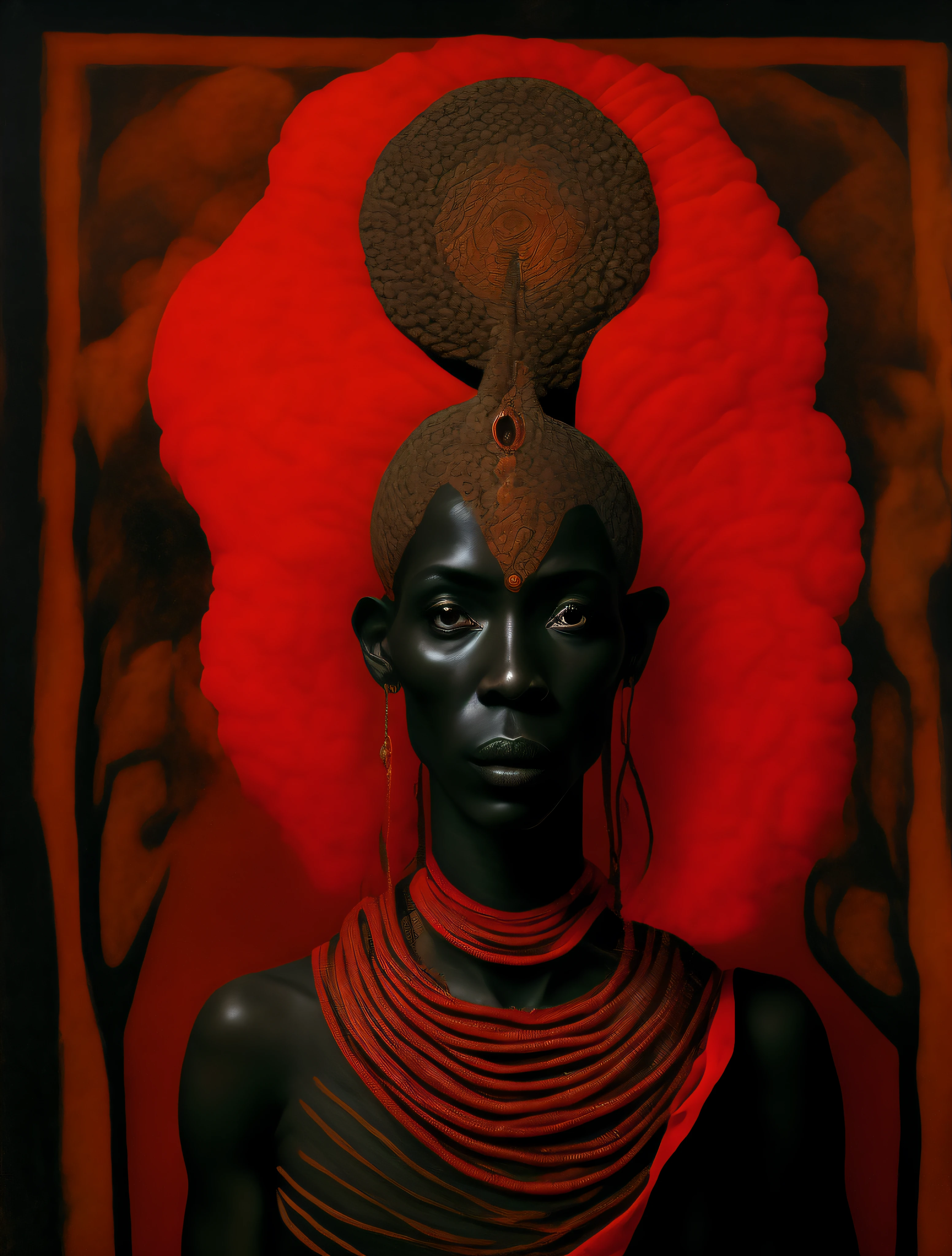 Exu the African Orisha, homem forte, Orisha of harmony between spirits and men of the earth,cores vermelho e preto, mensageiro, vestindo um ade detalhado e intrincado,truculento, wry look, cosmic god,pablo picasso, guernica,obra de arte guernica astrofotografia