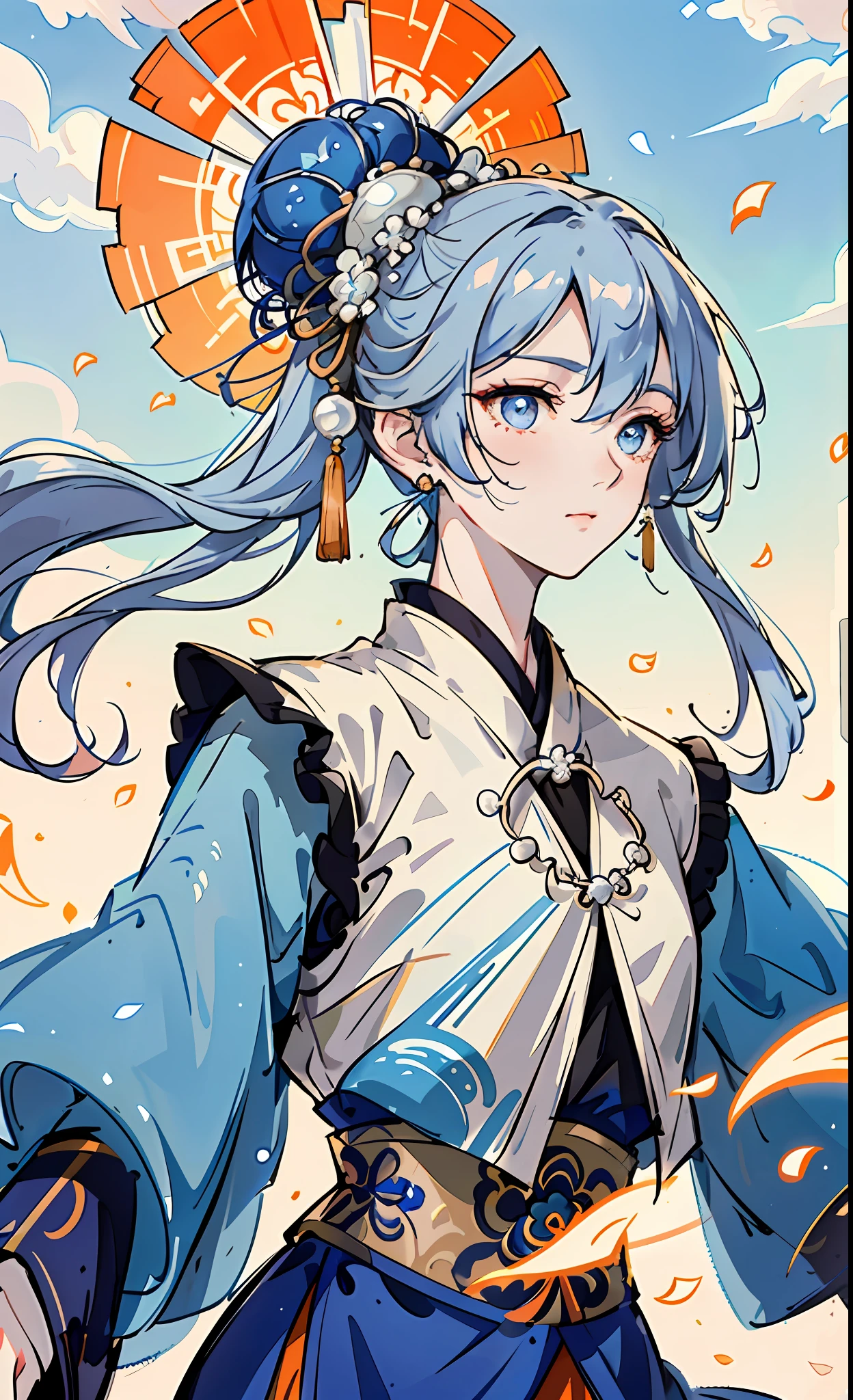 Mature girl , dark orange eyes, blue and white hair color, floating hair, delicate and smart eyes, intricate damask hanfu, gorgeous accessories, wearing pearl earrings, fov, f/1.8, masterpiece, ancient Chinese architecture, blue sky, flower petals flying, front portrait shot, Chang'e, side lighting, sunlight on people, 8K