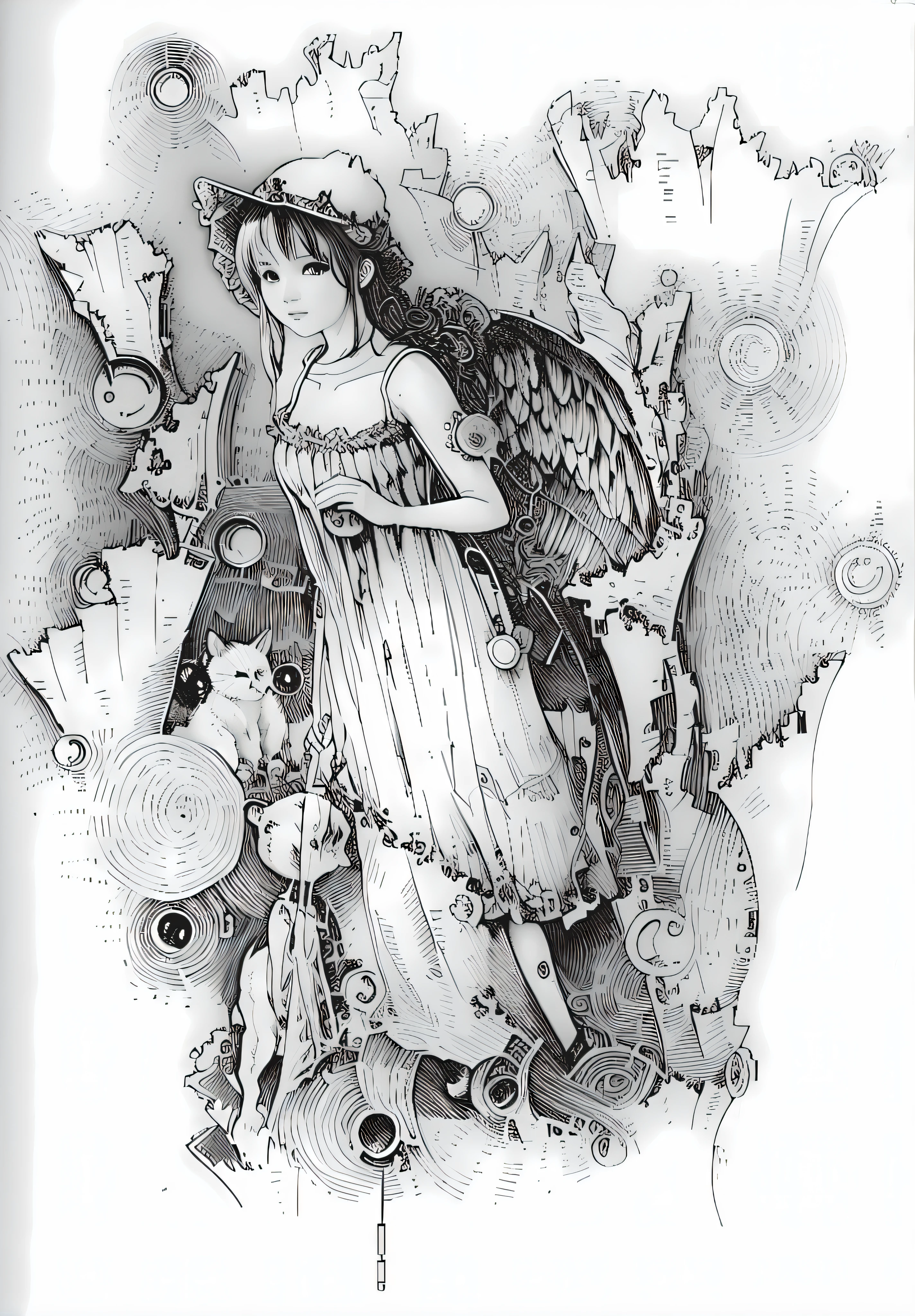 Draw a woman with a bird and a bird on her shoulder, intricate manga drawing, steampunk angel, pencil and ink manga drawing, Detailed fantasy illustration, mechanical angel, inspired by Yoshitaka Amano, detailed book illustration, intricate detailed illustration, detailed intricate illustration, Official illustration, clean ink detailed line drawing, black and white detailed sketch