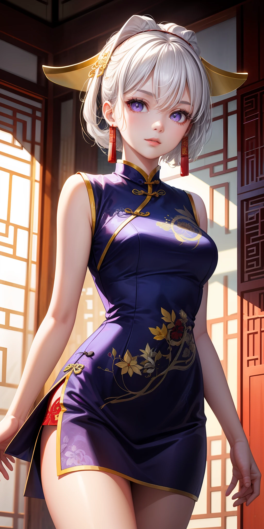 realisticlying，1girll，White hair，ChineseGirl，Purple eye，glowing light eyes，Cut the top，a skirt，parted lip，Be red in the face，rays of sunshine，on cheongsam，ancient chinese background。