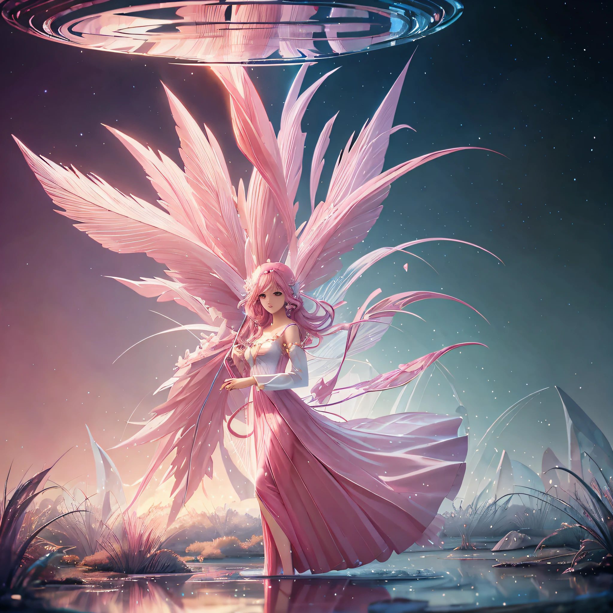 Anime girl standing in water with pink wings and pink dress, astral fairy, Beautiful digital artwork, Anime fantasy illustration, beautiful fantasy art, beautiful fantasy anime, very beautiful fantasy art, A beautiful artwork illustration, magical fairy floating in space, Very Beautiful Digital Art, stunning 3d render of a fairy, stunning digital illustration, Fantasy art Behance, Ethereal fantasy