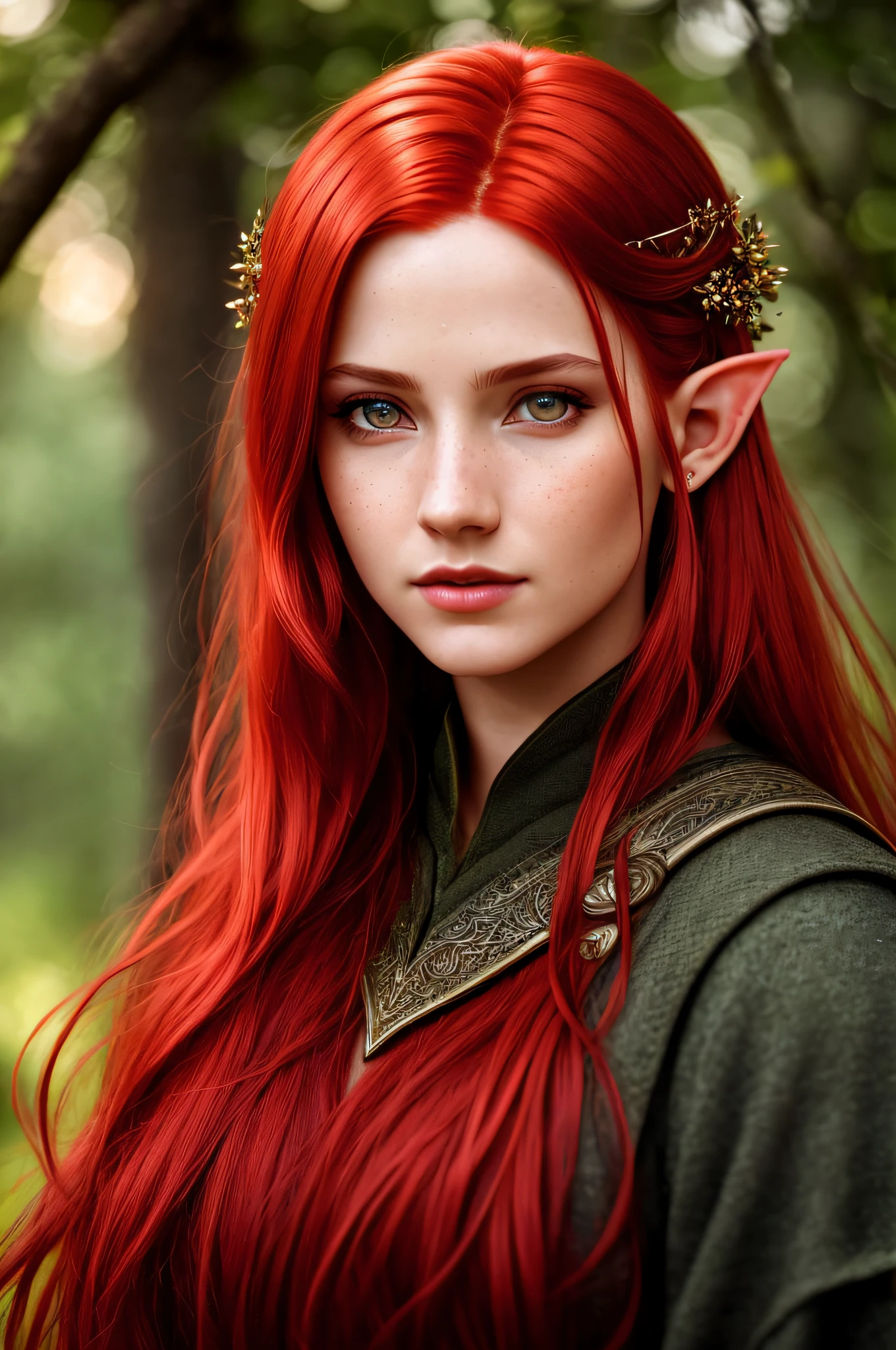 (detailed face, detailed eyes, clear skin, clear eyes, red hair), lotr, fantasy, elf, female, full body, looking at viewer, portrait, photography, detailed skin, realistic, photo-realistic, 8k, highly detailed, full length frame, High detail RAW color art, piercing, diffused soft lighting, shallow depth of field, sharp focus, hyperrealism, cinematic lighting, red hair