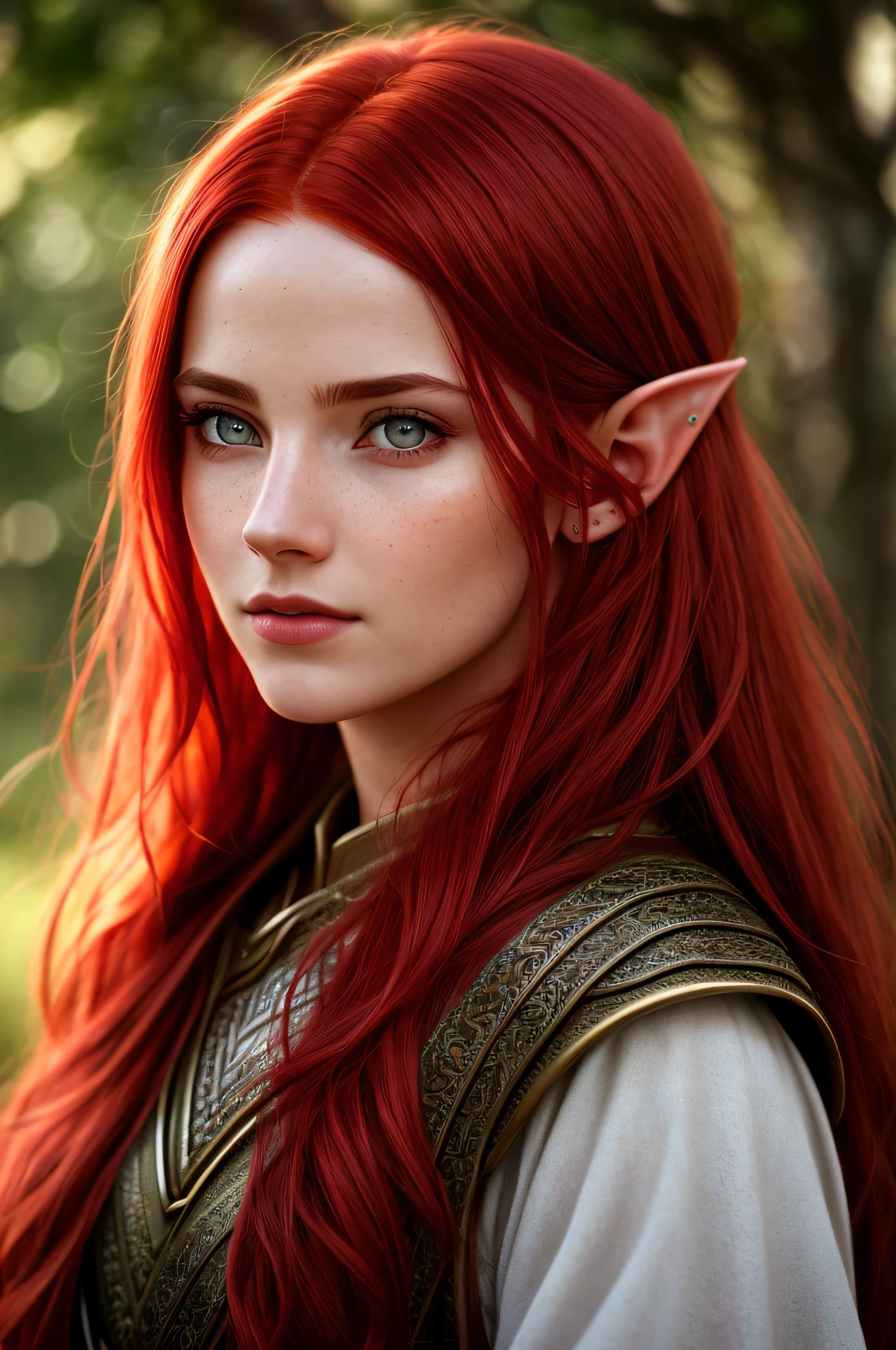 (detailed face, detailed eyes, clear skin, clear eyes, red hair), lotr, fantasy, elf, female, full body, looking at viewer, portrait, photography, detailed skin, realistic, photo-realistic, 8k, highly detailed, full length frame, High detail RAW color art, piercing, diffused soft lighting, shallow depth of field, sharp focus, hyperrealism, cinematic lighting, red hair