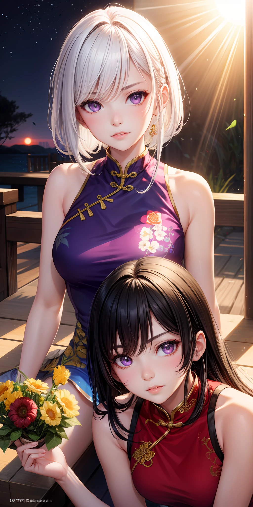 realisticlying,2girls,White hair,Black hair,ChineseGirl,Purple eye,glowing light eyes,Cut the top,a skirt,parted lip,Be red in the face,the night,fresh flowers,suns,rays of sunshine,on cheongsam,A MILF,mature,