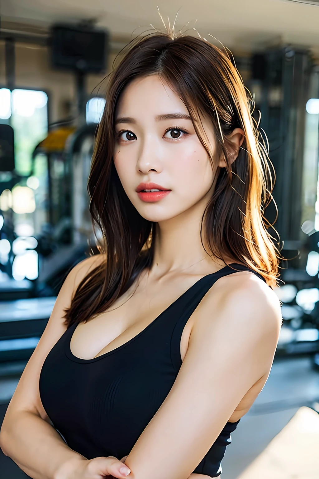(Photoreal: 1.4), (Hyperrealistic: 1.4), (Realistic: 1.3), (Smooth Lighting: 1.05), (Improved Cinematic Lighting: 0.9), 32K, 1 Girl, 20 Year Old Girl, Realistic Lighting, Backlight, Face Lights, Ray Trace, (Whitening Light: 1.2), (Image Enhancement: 1.4), ( Best image quality real skin: 1.4), fine eyes, fine face, fine eyes, (increased mood of body line: 1.1), oversized breasts, big breasts, (increase in beauty of skin texture: 1.1), gym clothes that adhere to the body,