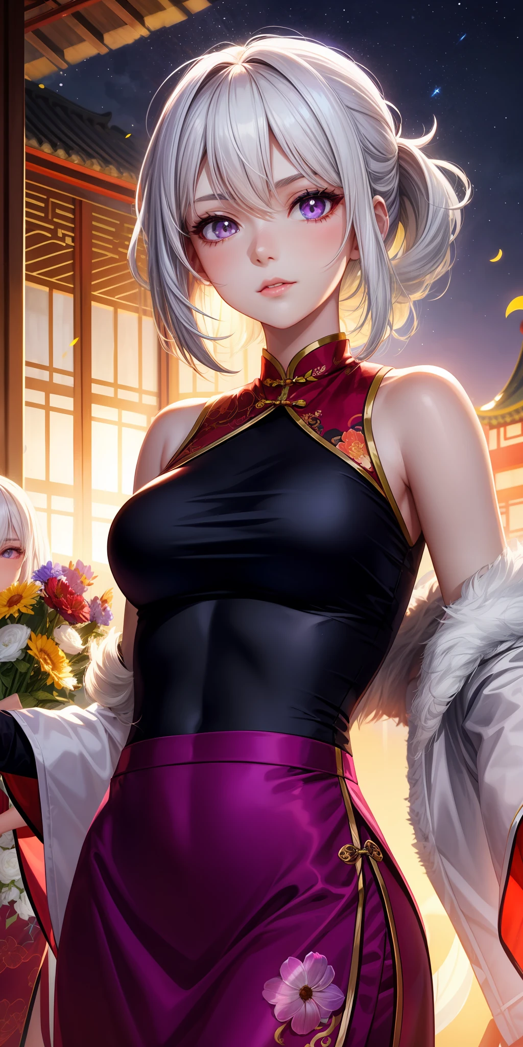 realisticlying,2girls,White hair,Black hair,ChineseGirl,Purple eye,glowing light eyes,Cut the top,a skirt,parted lip,Be red in the face,the night,fresh flowers,suns,rays of sunshine,on cheongsam,A MILF,mature,
