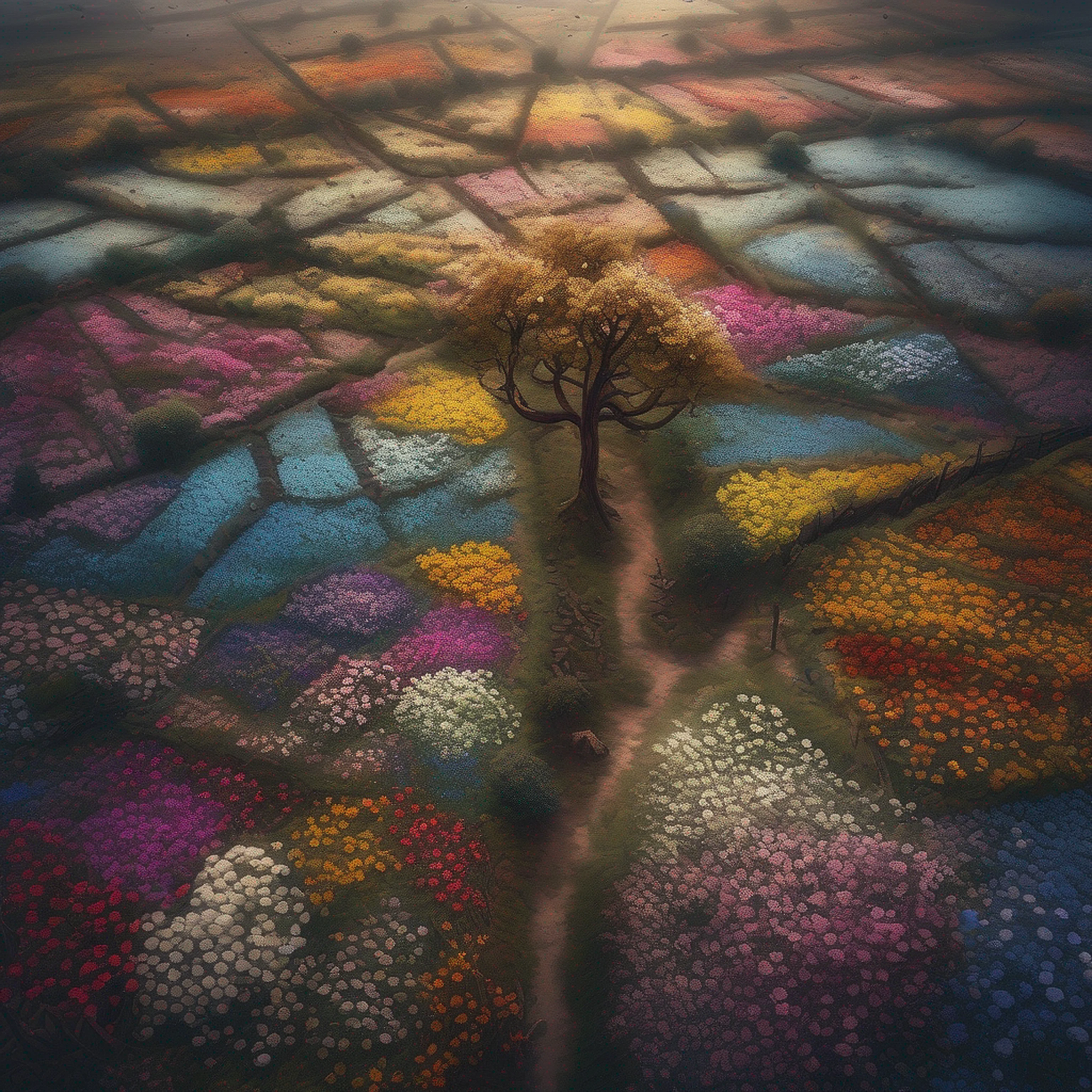 down view, Look down from above,Desolate flower fields,flowerforground,Surrounded by dead trees,Dull colors,Art Ultra HD 4 K, Detailed scenery —width 672, author:Franz Hergi, scenery art detailed, 8K high quality detailed art, 4k highly detailed digital art, A high resolution, 4 k matte thomas kinkade