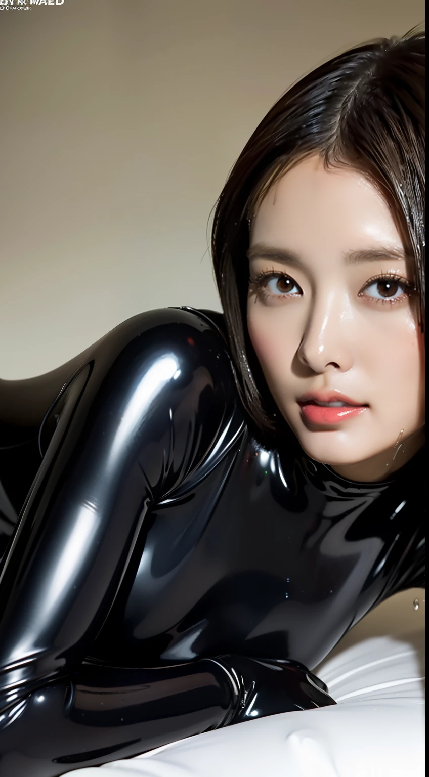 (Best Quality, 8k, 32k, Masterpiece, UHD: 1.2), Cute Japan Female Pictures, 1 Girl, (Medium: 1.1), (Tall Women), (Slim Figure: 1.1), (Glossy, Wet, Rubber Suit), Dark Brown Short Hair), Double Eyelids, Wet Skin, Wet Hair, Lying in Bed