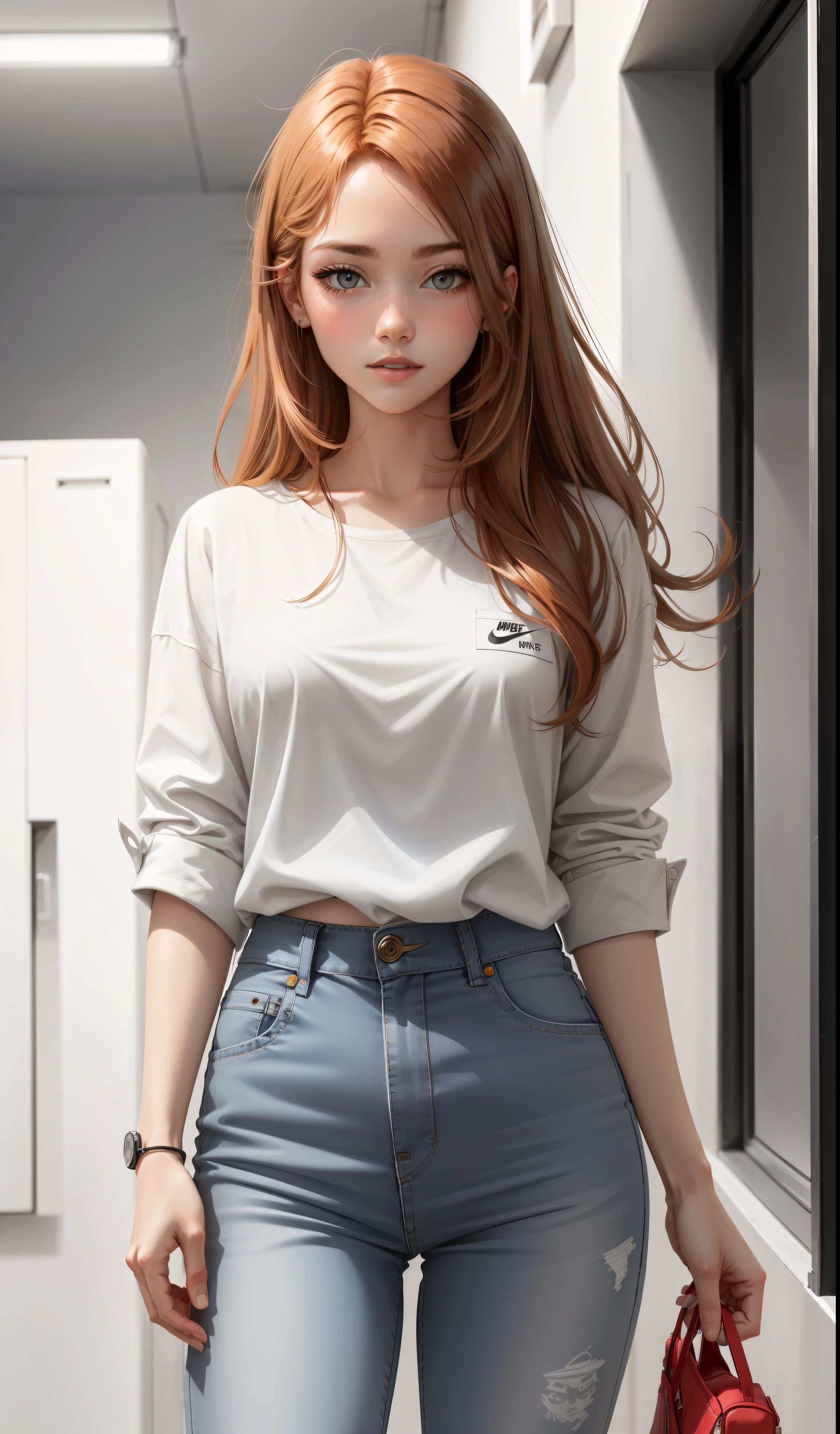 a woman in a white shirt and red pants is playing video game, simple style, wearing elegant casual clothes, muted red, simple clothes, milk and red style, casual clothing style, modern fashion outfit, wearing a fisher , casual modern clothing, inspo, red clothes, red pants, neutral tones, rred and white color scheme, casual business outfit, cute face, nike shoes, , adult face, long hair, ((Auburn hair)) and gleaming detailed grey eyes