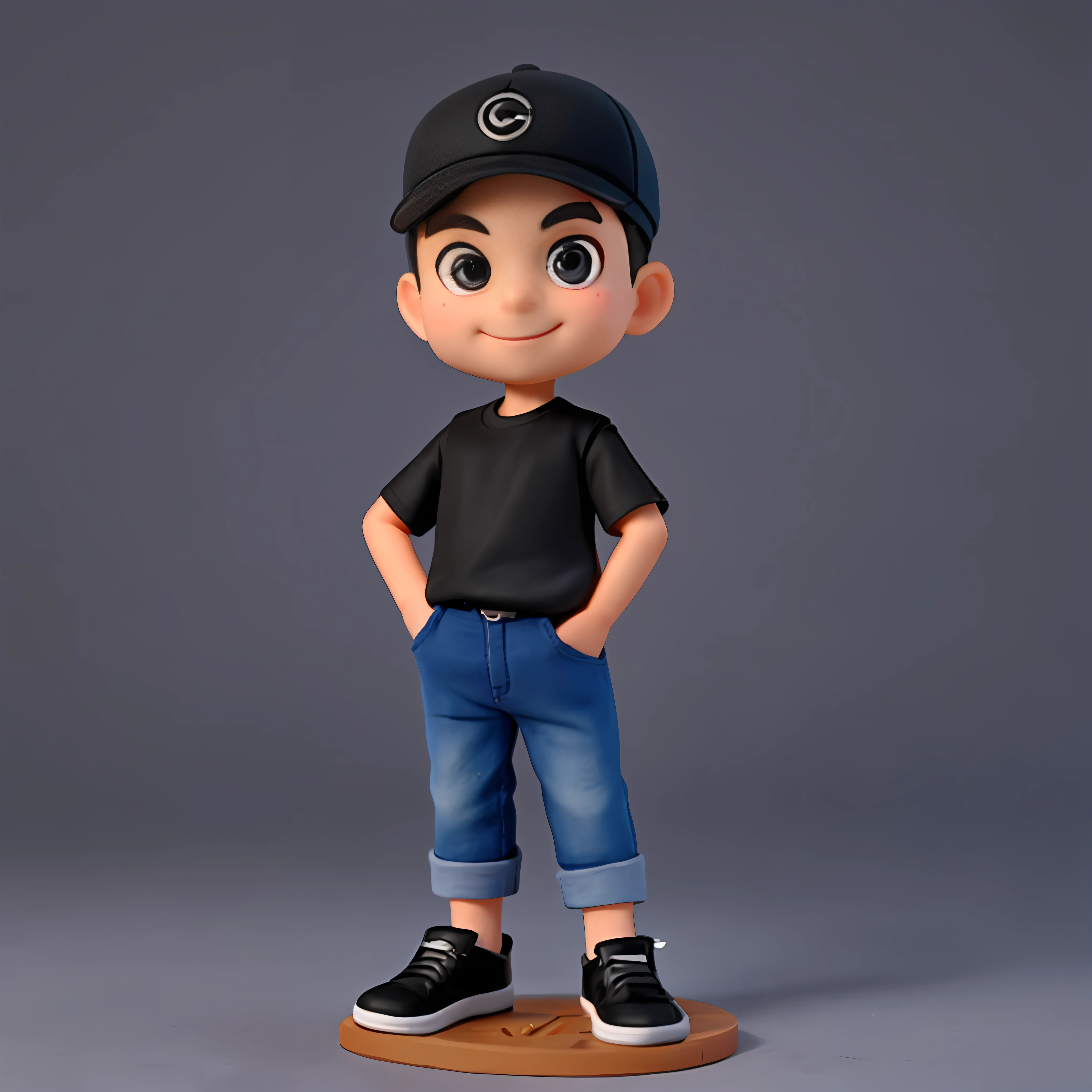a Cute small male Fashion designer , 45-years-old, huge head, short hair, oval face,smile,fit, tall, Wearing a black baseball cap ,wearing Wear black T-shirt and dark blue jeans and black running shoes,Toy figures, best quality, 3d cartoon,full body view, fantasy, dreamlike, surrealism, super cute, trending on artstation