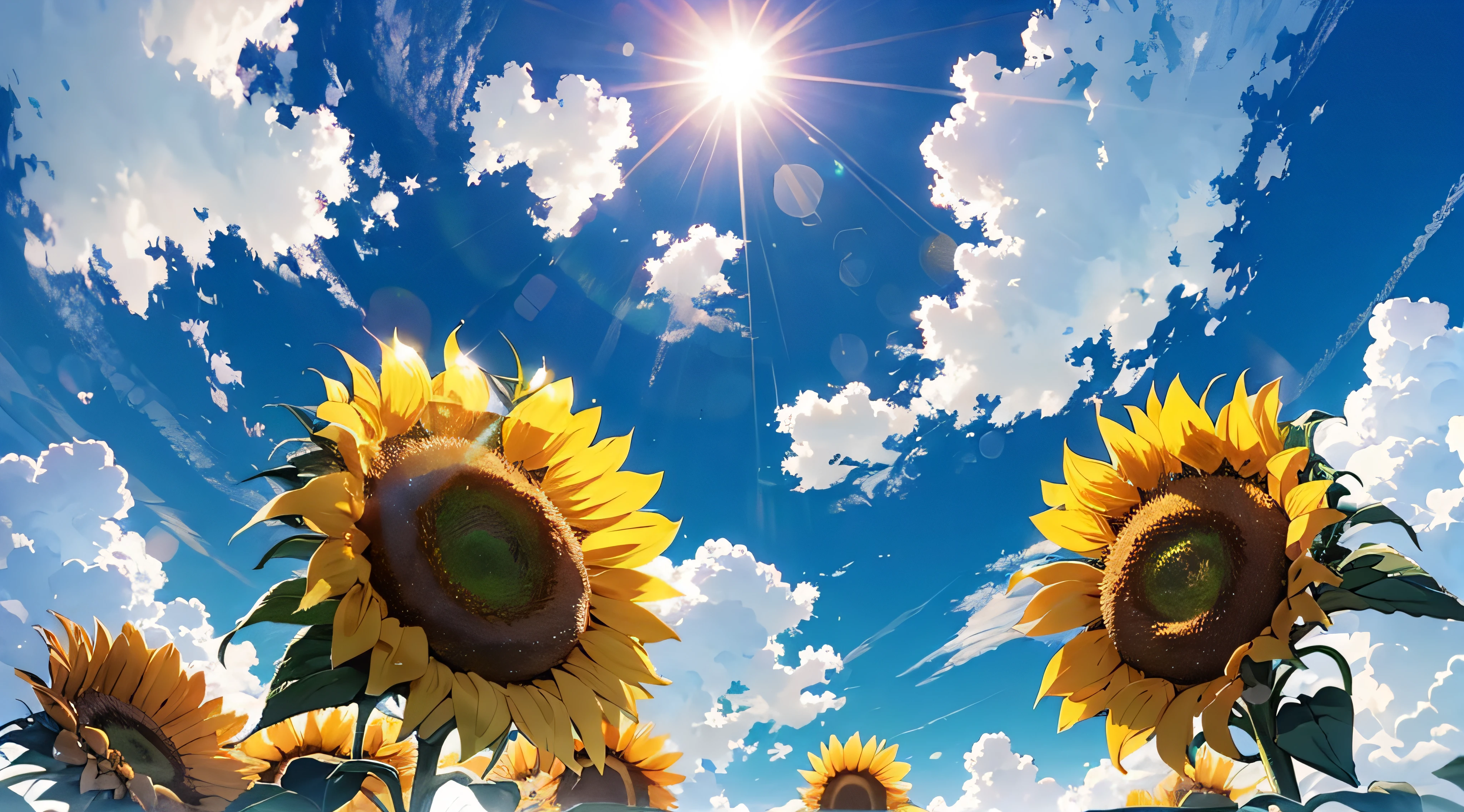 sunflowers and clouds in a sunny day with blue sky, sunny day background, bright sunny summer day, sunny clear sky, sunny day with clear sky, clear sunny day, sunny sky background, clear summer sky background, bright summer day, sunny landscape, sunny sky light, hot and sunny highly-detailed, bright sunny day, bright sunny day blue sky, scene : sunflower field
