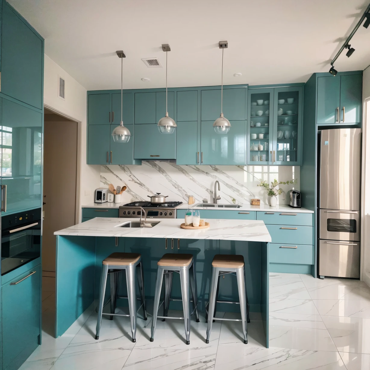 ，masterpiece, best quality，8k, ultra highres，This Mediterranean-style modern minimalist kitchen gives you a luxurious and tranquil feel。The décor in blue and white tones complements the marine elements，It is as if the boundless sea has been introduced into the kitchen。Spacious quartz countertops and stainless steel appliances reflect the beauty of modern technology，At the same time, it incorporates traditional Mediterranean elements。Fresh cabinets and tiles add a touch of romance，Make cooking and enjoying food a joyful ritual。