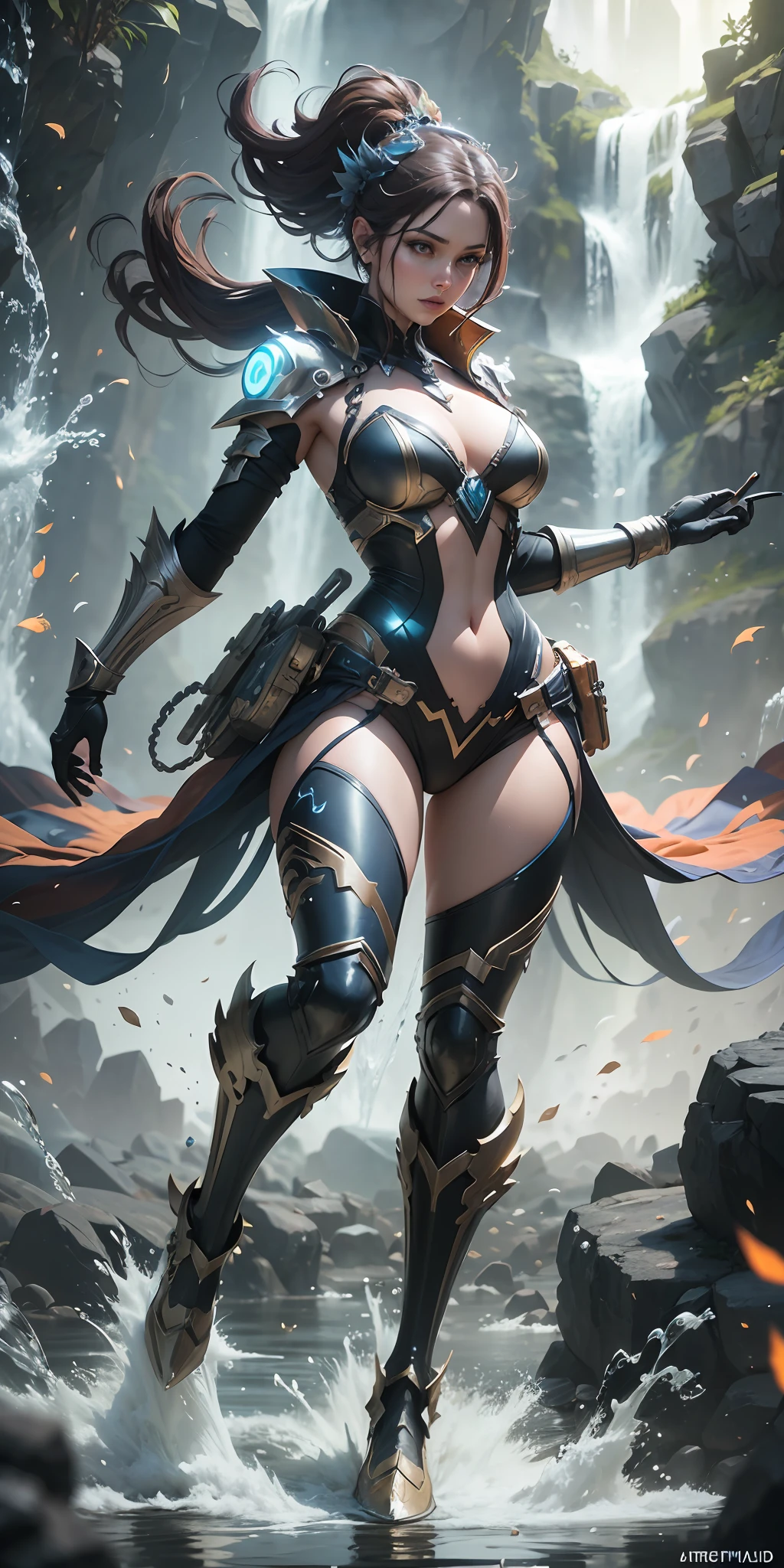 Splash art of water user is shooting mythical energy in the air,waterfall background,vibrant colours,full body shot,standing on the water,dynamic pose,heroic art,cinematic lighting,delicated colours,good face,good hands,good leg,good eyes,highly resolution,highly quality,symmetrical,crisp quality,intricate figure,unreal engine 5,trending on artstation,UHD,HDR,highly stylized form of acting,sharpness,octane render,realistic colour,intricacy of the design,modular constructivism --auto --s2