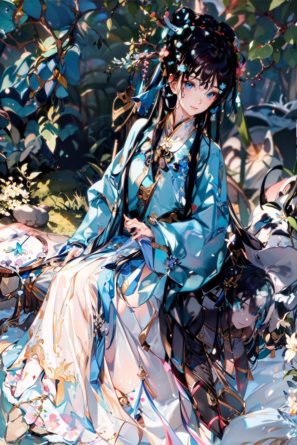 a beauty girl,White roll powder,hair-bun,Clear eyes,鎖骨,Flawless facial features,Big watery eyes,long eyelasher,The eyes are sweet and there are lying silkworms,ssmile,Dynamic angle issues for ultimate image quality,Highest accuracy,Precise and beautiful anatomy,Pink hip wrapped skirt、onbed,black lence stockings