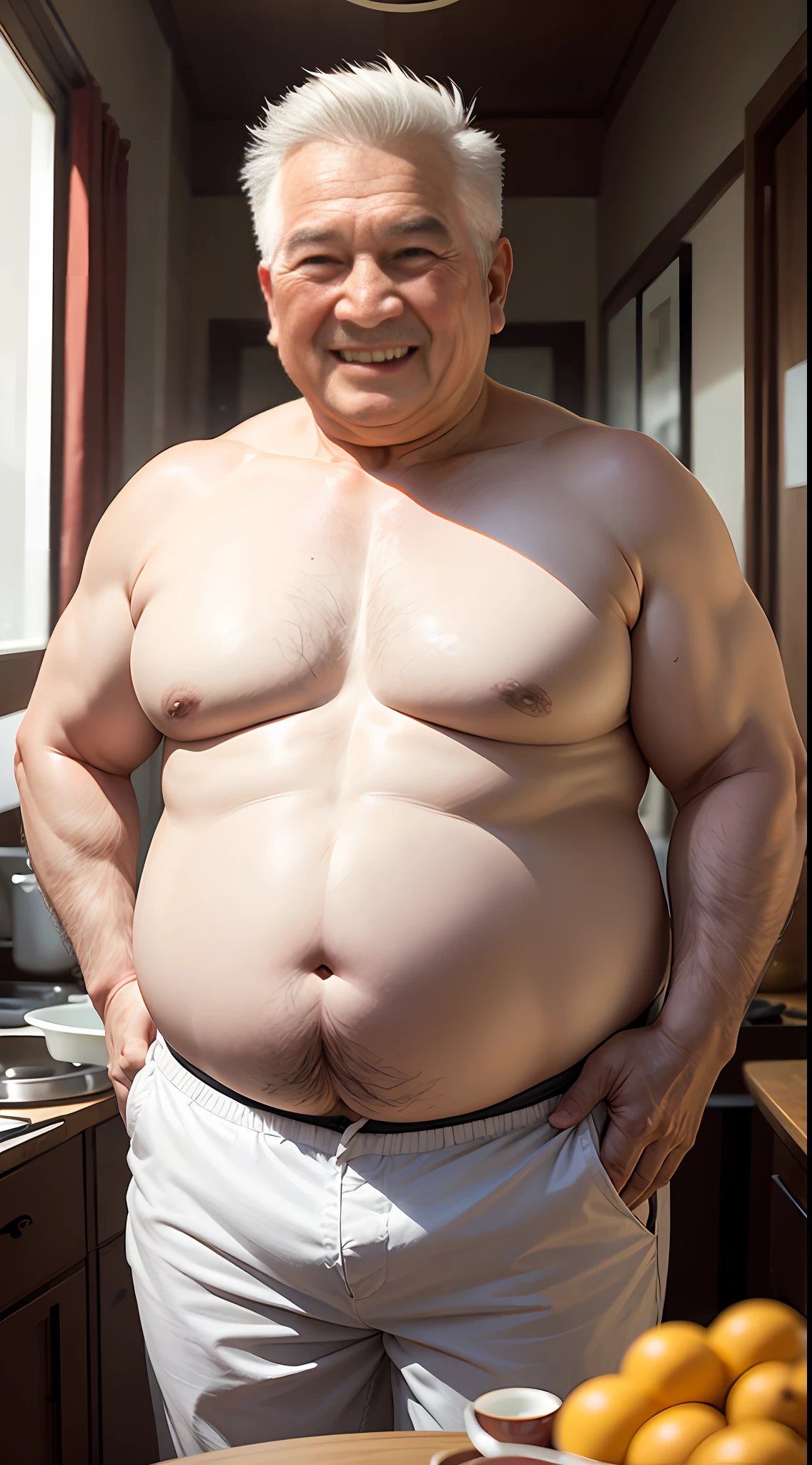 An 80-year-old Chinese grandfather,very short white hair,Fat Chubby,The belly is round,Smiling,Round face,Shirtless. --auto