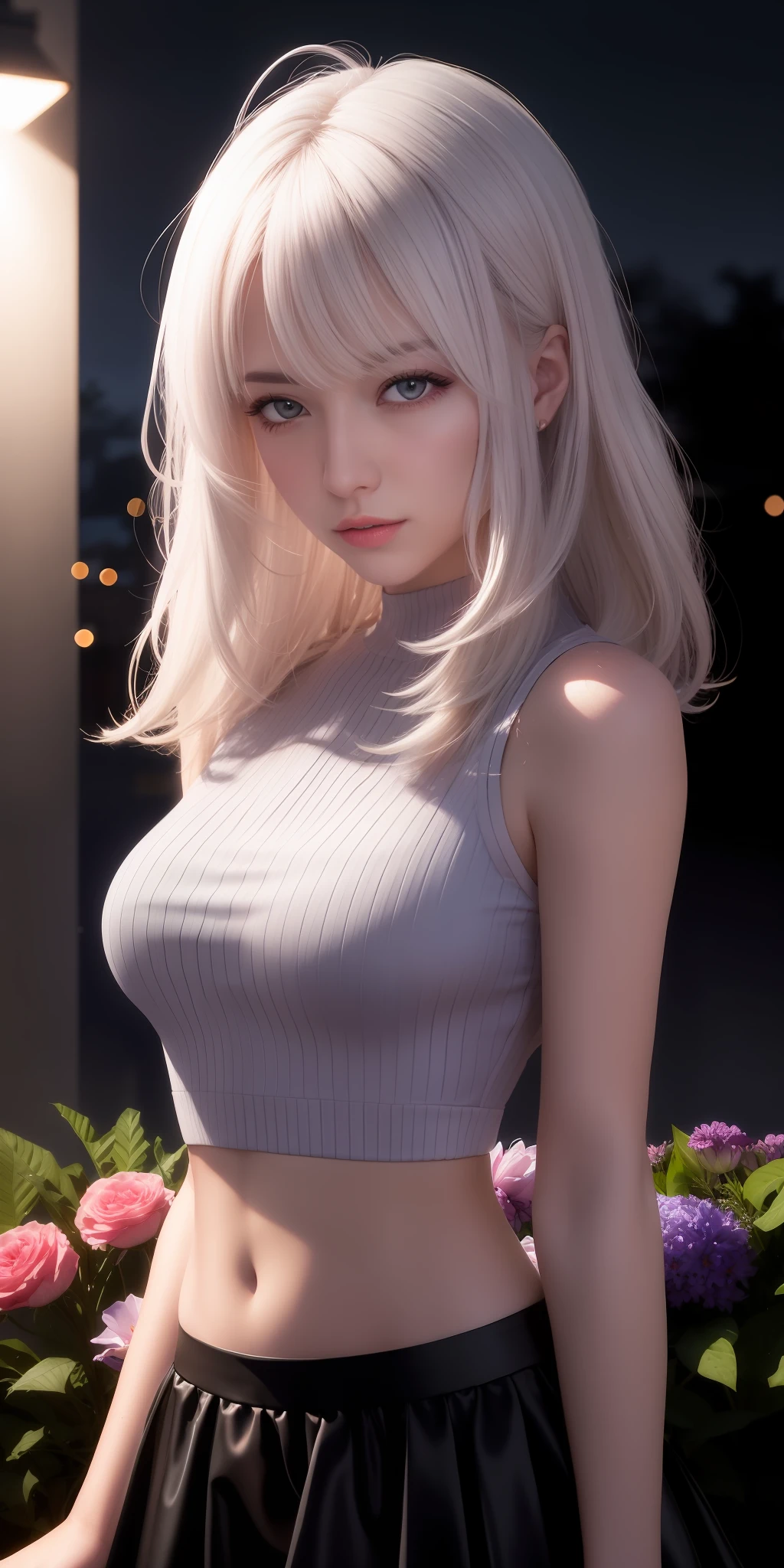 realistic, 1girl, white hair, purple eyes, glowing eyes, crop top, skirt, parted lips, blush, night, flowers, sun, sunlight,