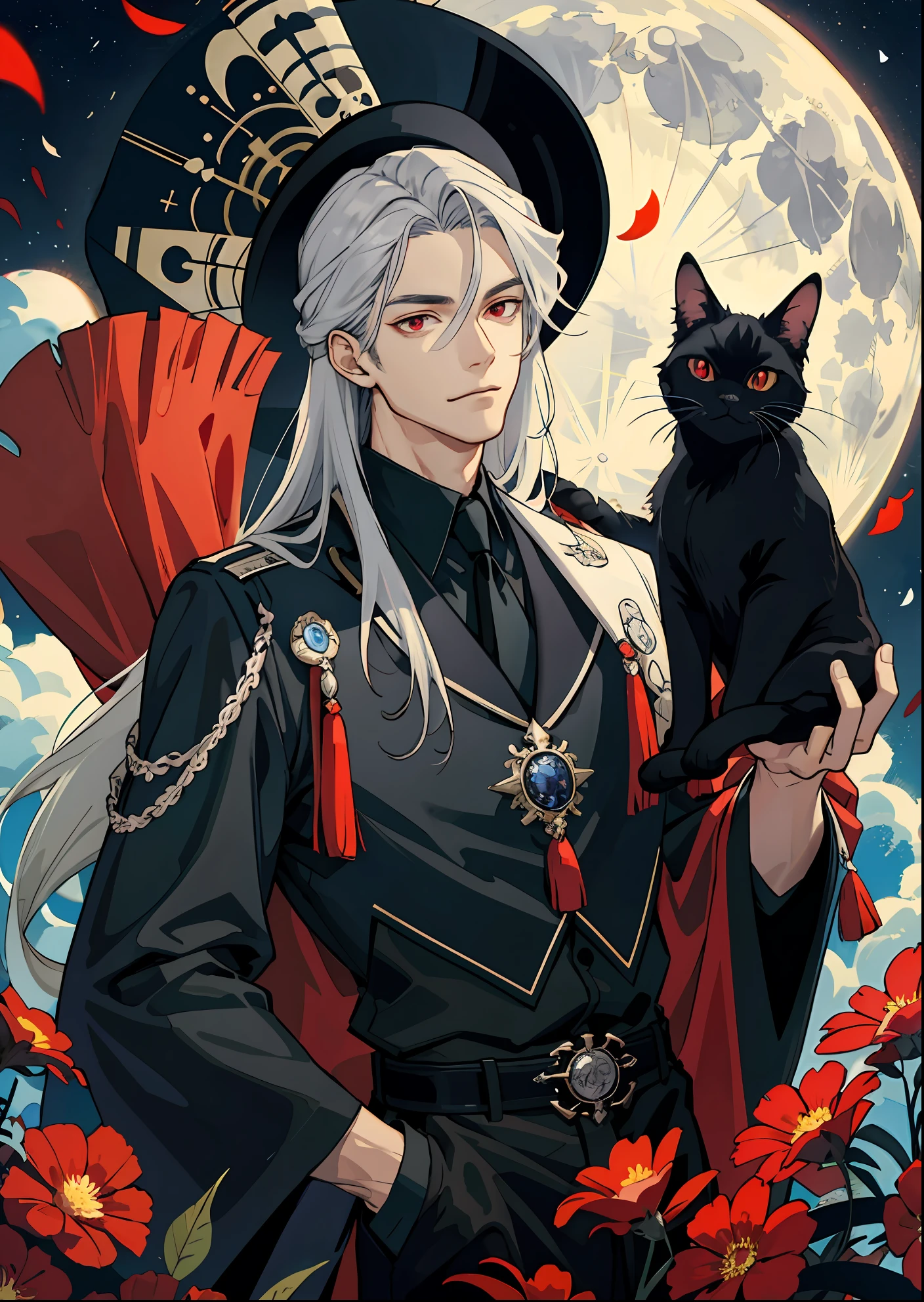 tmasterpiece, best qualtiy, 1male people, AS-Adult, tall muscular, handsome, Elaborate Eyes, Complicated details, Long silver hair, Red eyes, Complicated details, fanciful, the night, (dark themes), Cinematic light optic, Colorful, sportrait, Flying petals,Flower-filled meadows,mostly cloudy sky,buliding,themoon,optic,holland angle,cowboy lens,There is a black cat on the shoulder